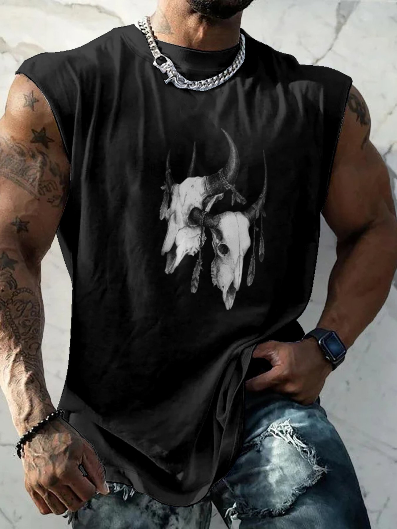 Hardaddy X Mikekoubou Mens Crewneck Tank Tops Western Lamb Bones Beach Sleeveless Shirt
