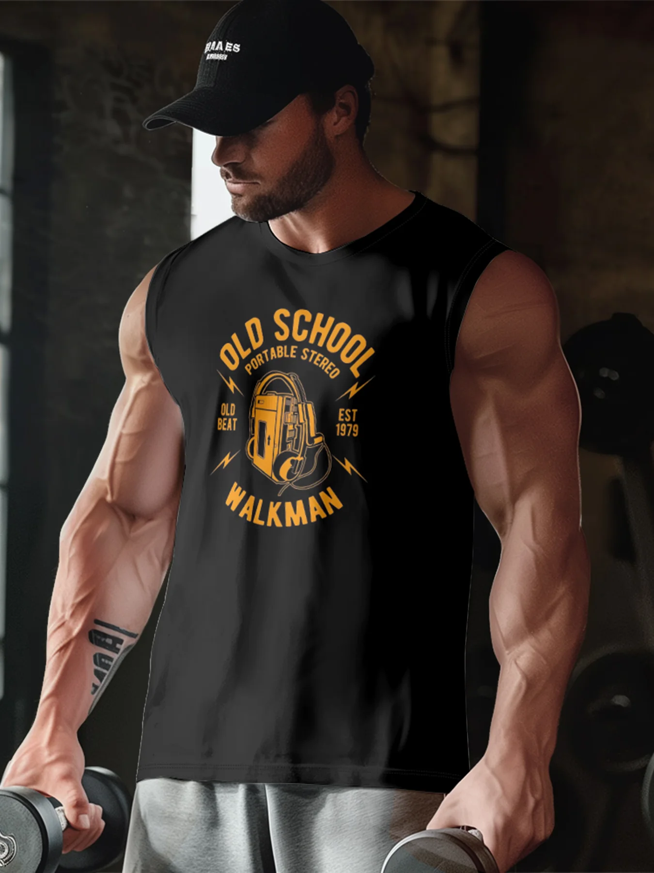 Mens Crewneck Tank Tops Old School Walkman Beach Sleeveless Shirt