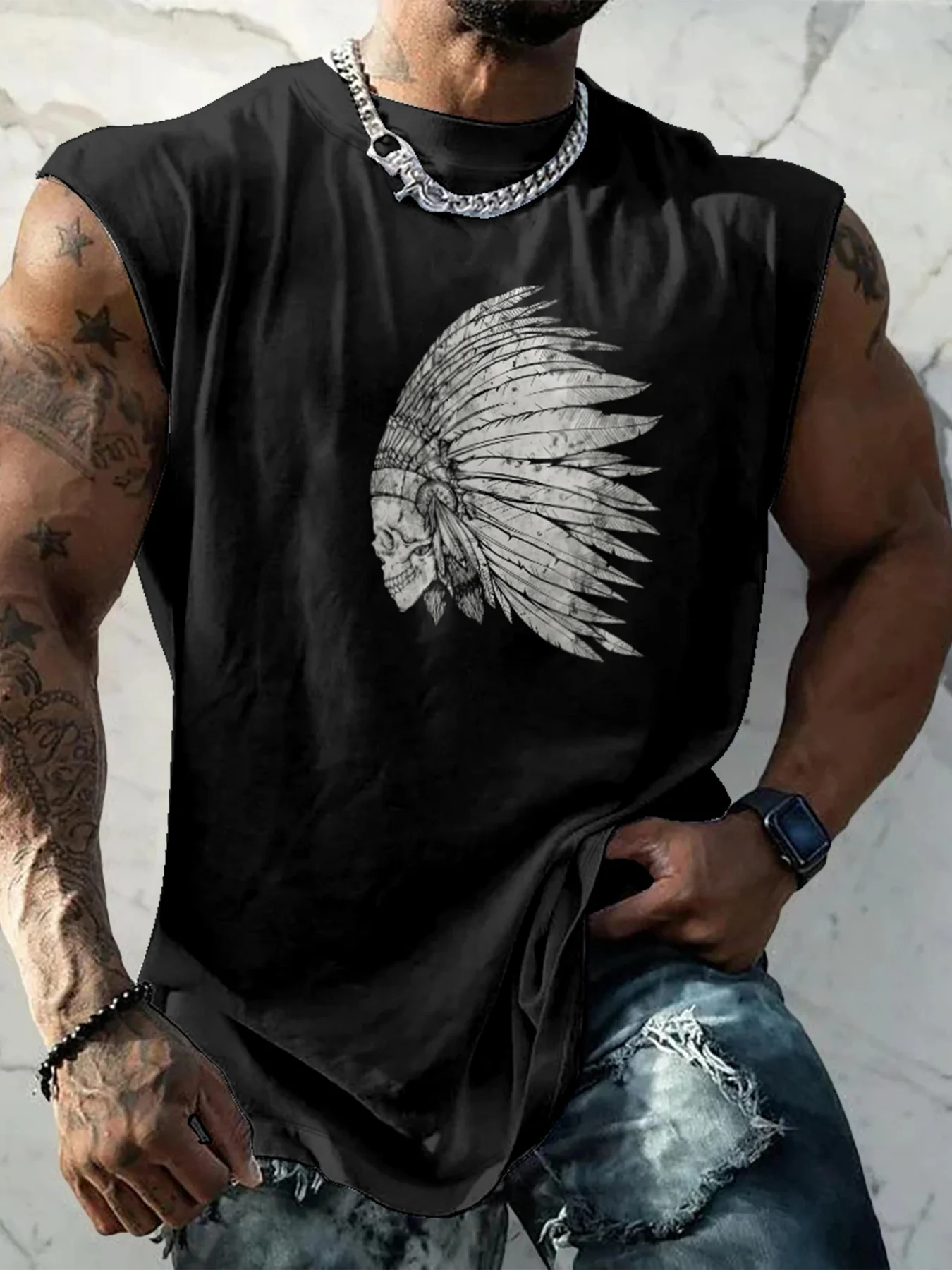 Hardaddy X Mikekoubou Mens Crewneck Tank Tops Indian Ethnic Beach Sleeveless Shirt