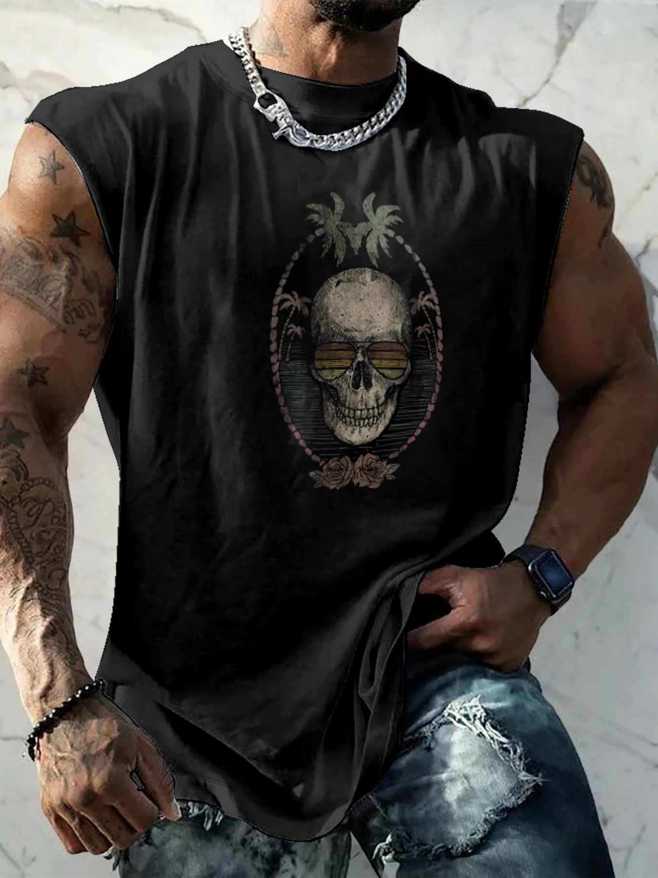 Hardaddy X Mikekoubou Mens Crewneck Tank Tops Skull Palm Beach Sleeveless Shirt