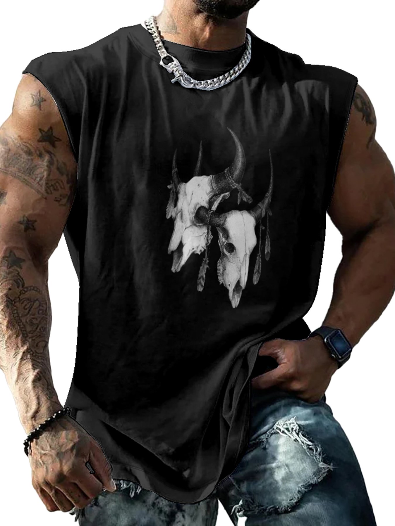 Hardaddy X Mikekoubou Mens Crewneck Tank Tops Western Lamb Bones Beach Sleeveless Shirt