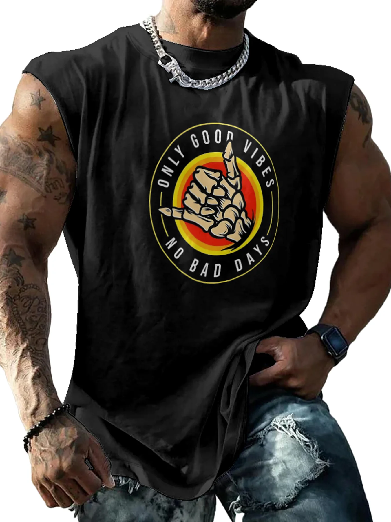 Mens Crewneck Tank Tops Good Vibes Rock Skull Beach Sleeveless Shirt