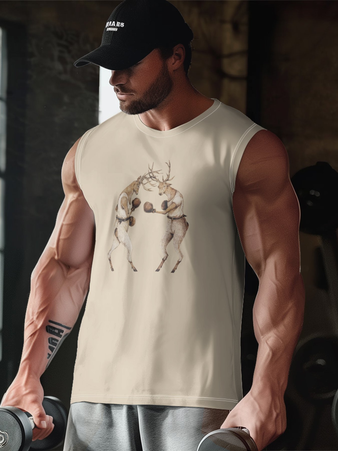 Hardaddy X Mikekoubou Mens Crewneck Tank Tops Reindeer Boxing Beach Sleeveless Shirt