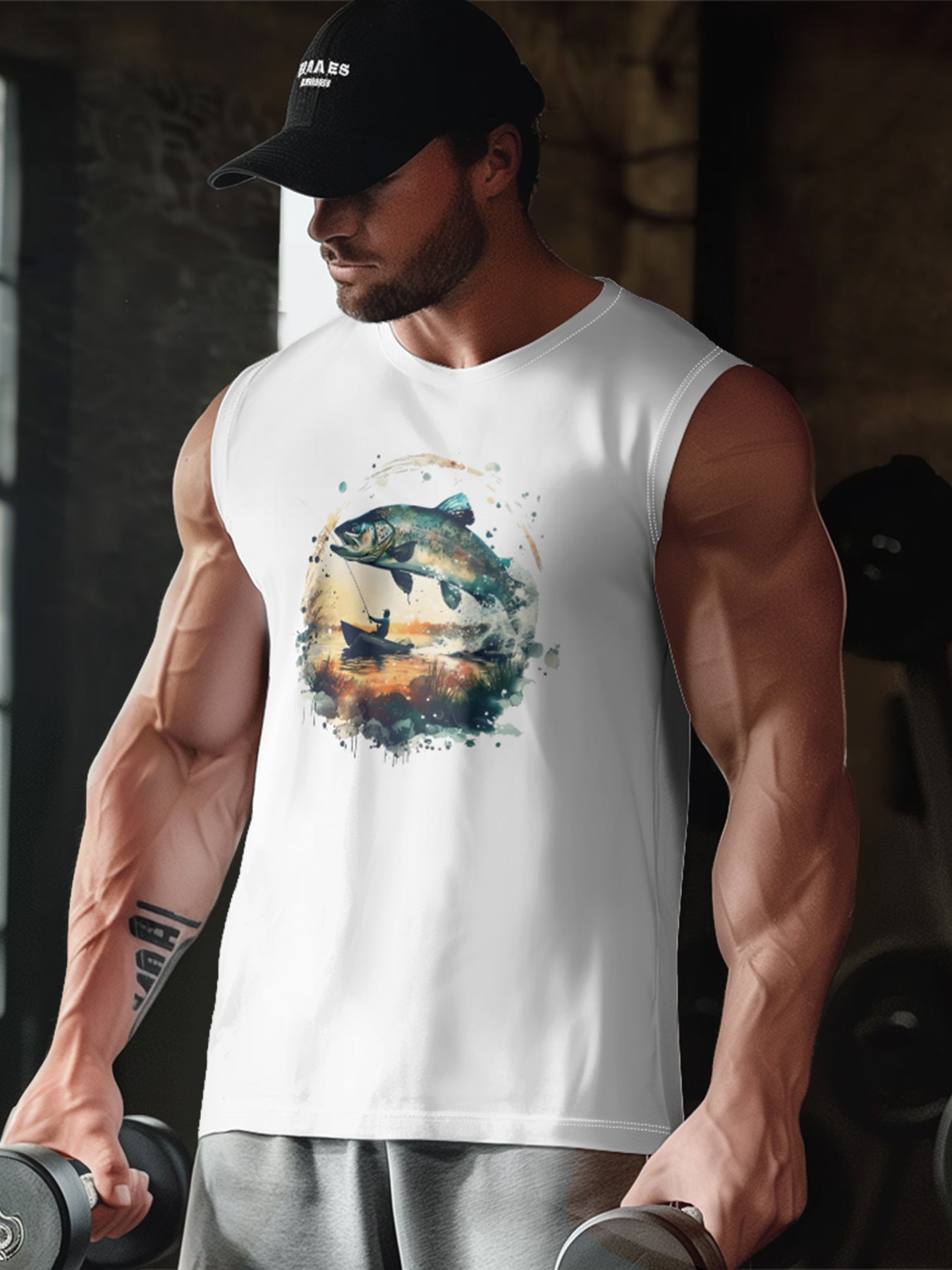 Mens Crewneck Tank Tops Fishing Beach Sleeveless Shirt