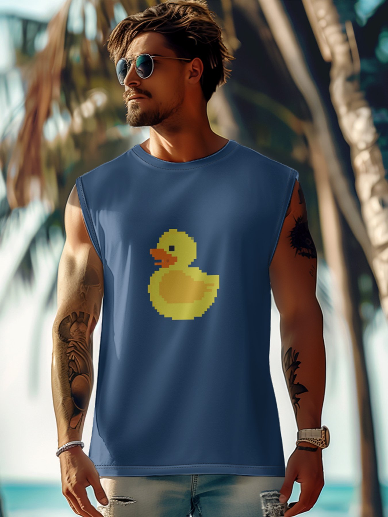 Hardaddy X Valentina Bjekovic Mens Crewneck Tank Tops Yellow Duck Beach Sleeveless Shirt