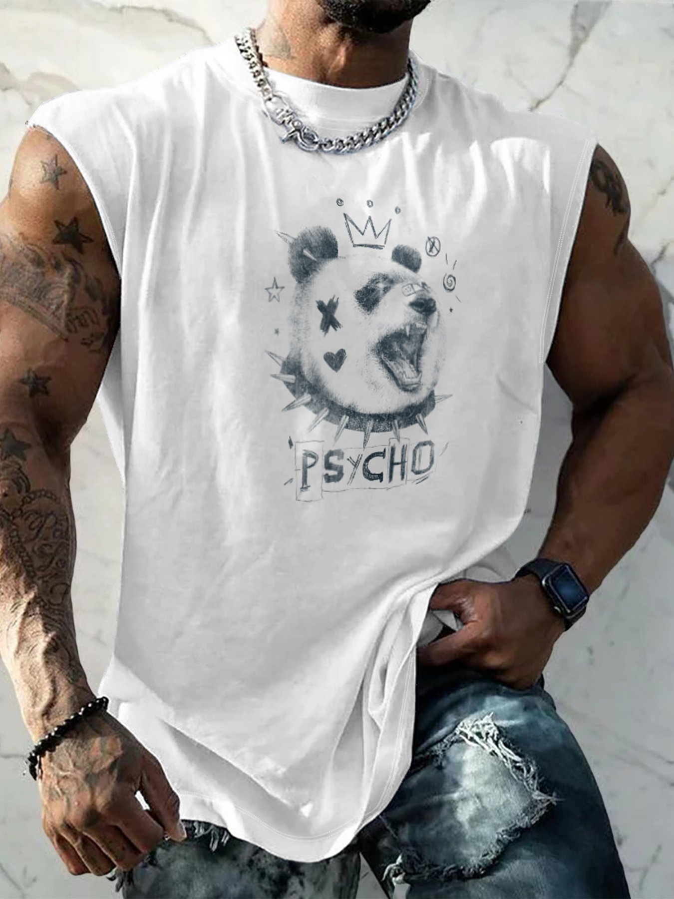 Hardaddy X Mikekoubou Mens Crewneck Tank Tops Psycho Panda Beach Sleeveless Shirt