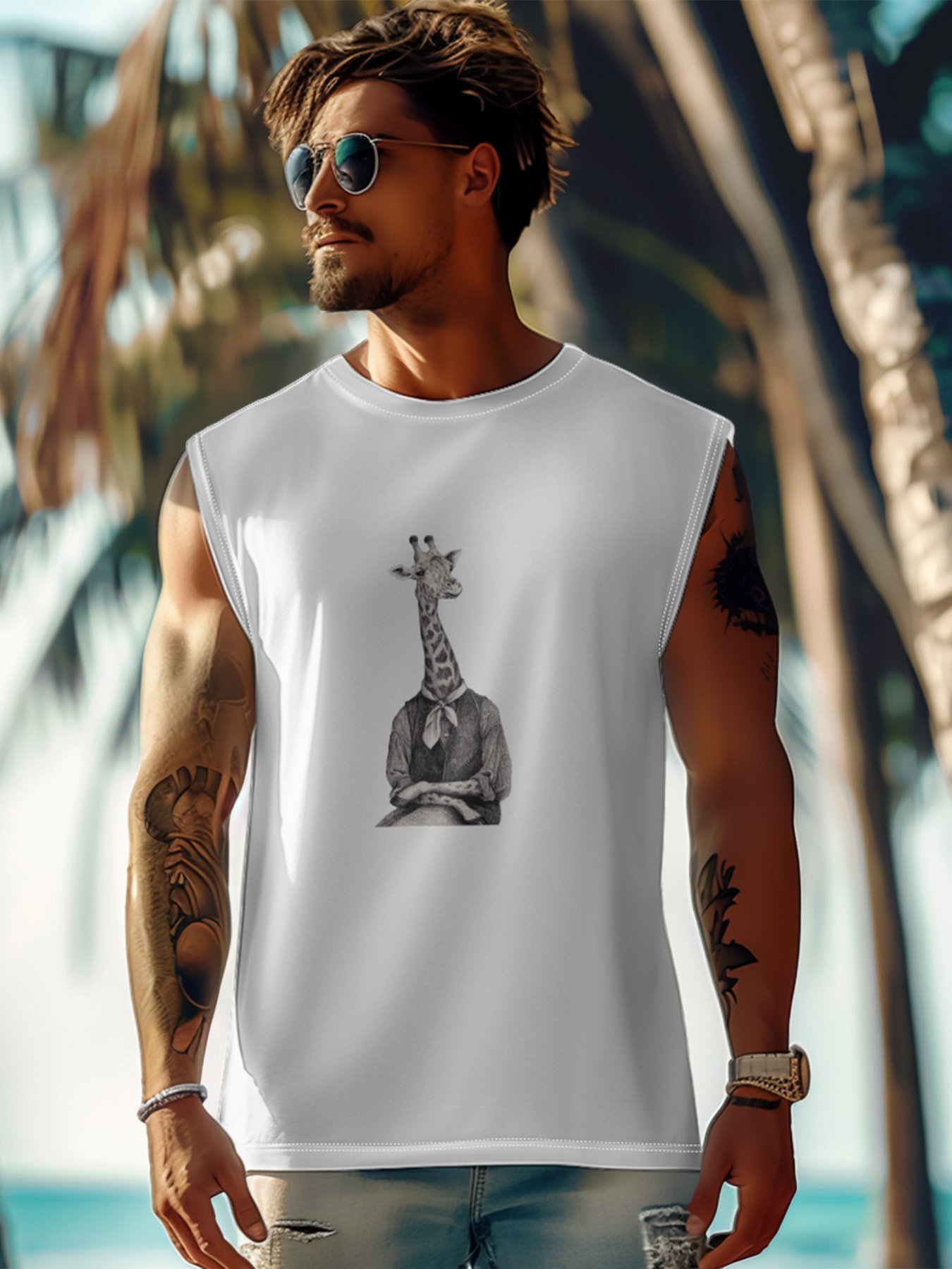 Hardaddy X Mikekoubou Mens Crewneck Tank Tops Giraffe Beach Sleeveless Shirt