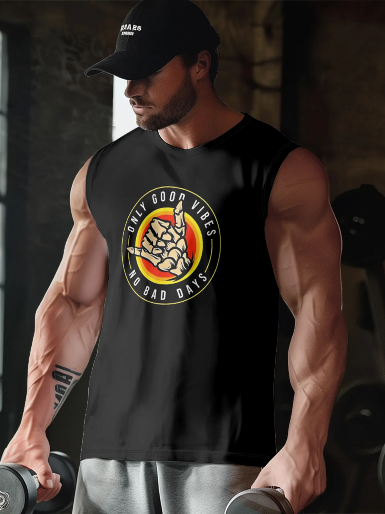 Mens Crewneck Tank Tops Good Vibes Rock Skull Beach Sleeveless Shirt
