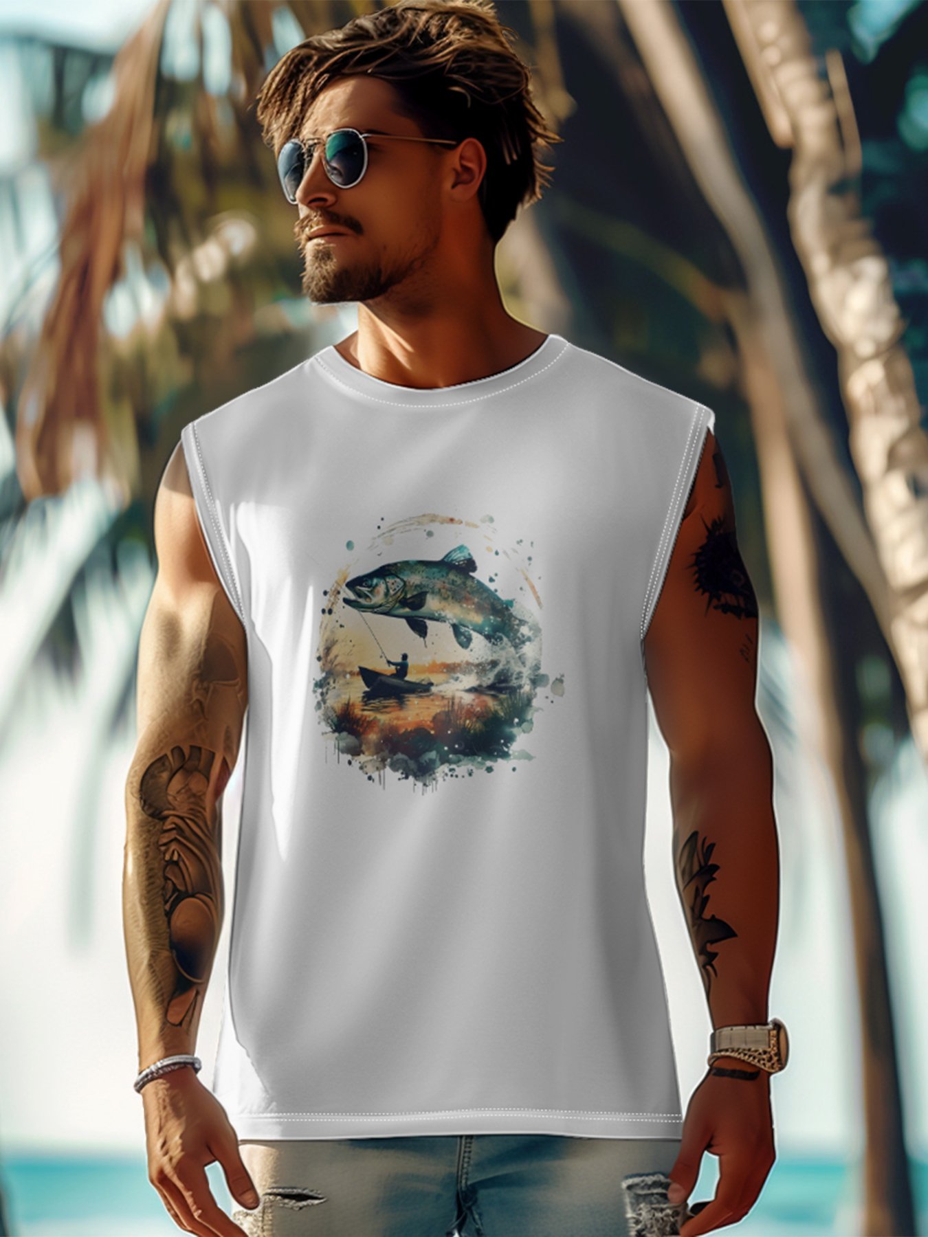 Mens Crewneck Tank Tops Fishing Beach Sleeveless Shirt