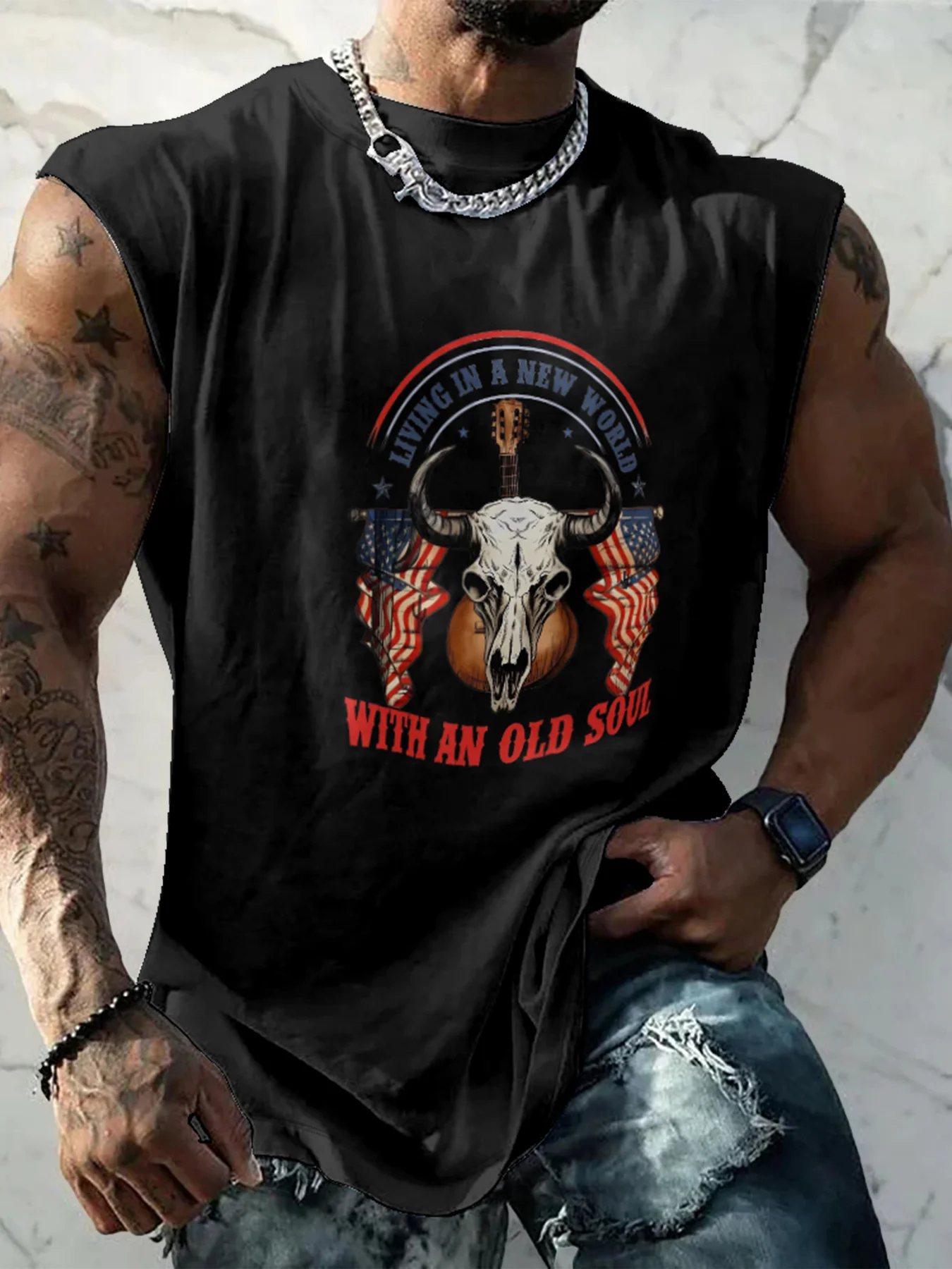 Mens Crewneck Tank Tops Western Rodeo Beach Sleeveless Shirt
