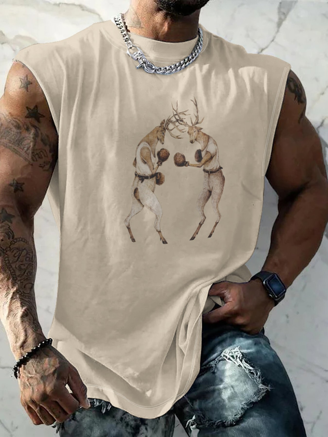 Hardaddy X Mikekoubou Mens Crewneck Tank Tops Reindeer Boxing Beach Sleeveless Shirt