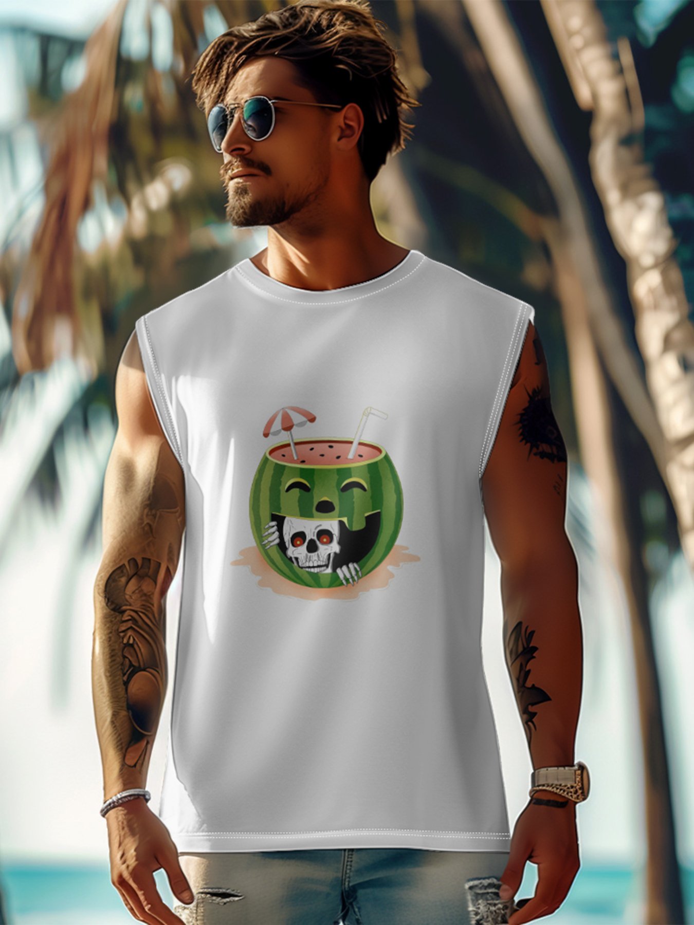 Hardaddy X Kimprut Imut Mens Crewneck Tank Tops Halloween Watermelon Cocktail Beach Sleeveless Shirt
