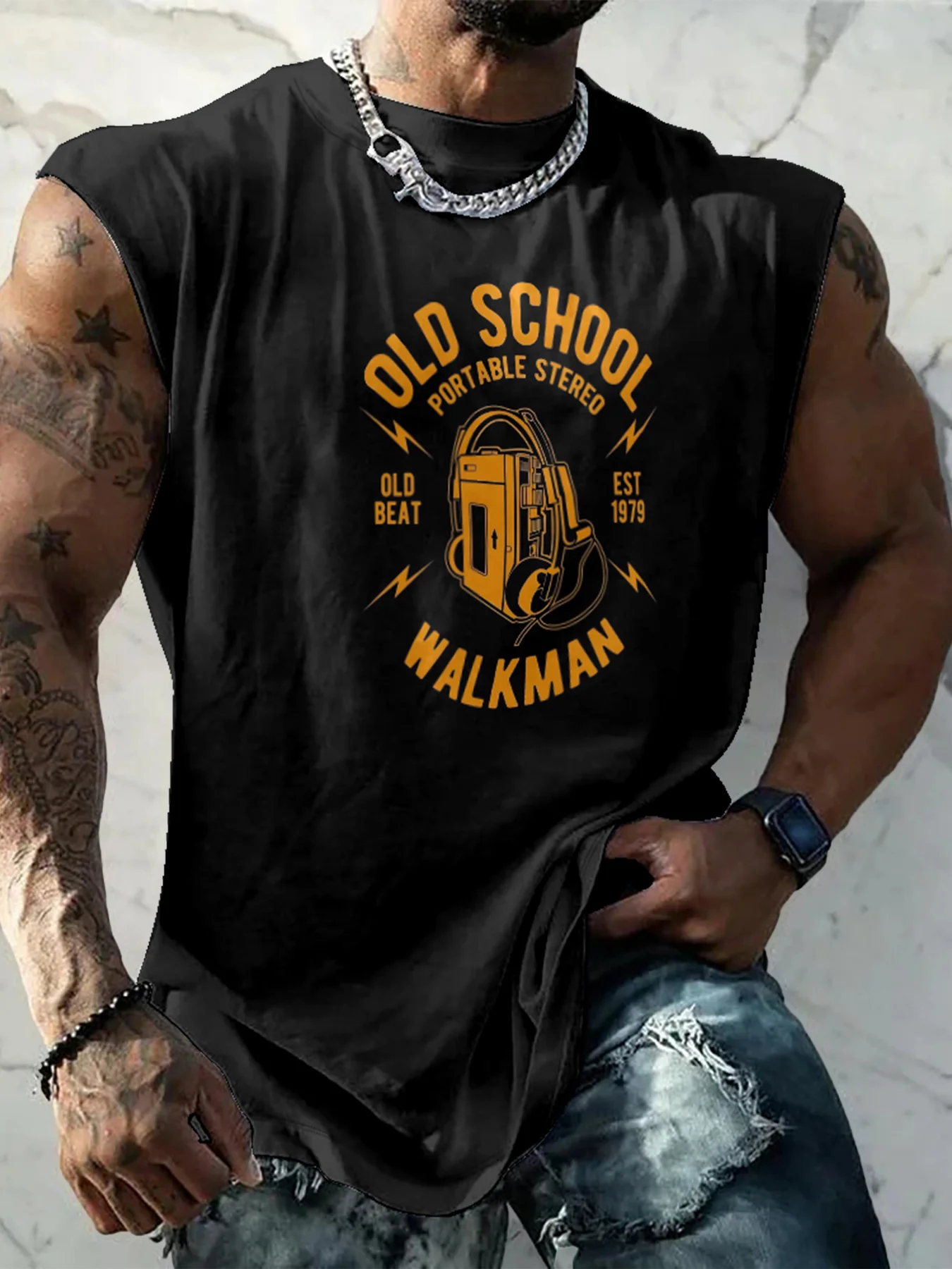 Mens Crewneck Tank Tops Old School Walkman Beach Sleeveless Shirt