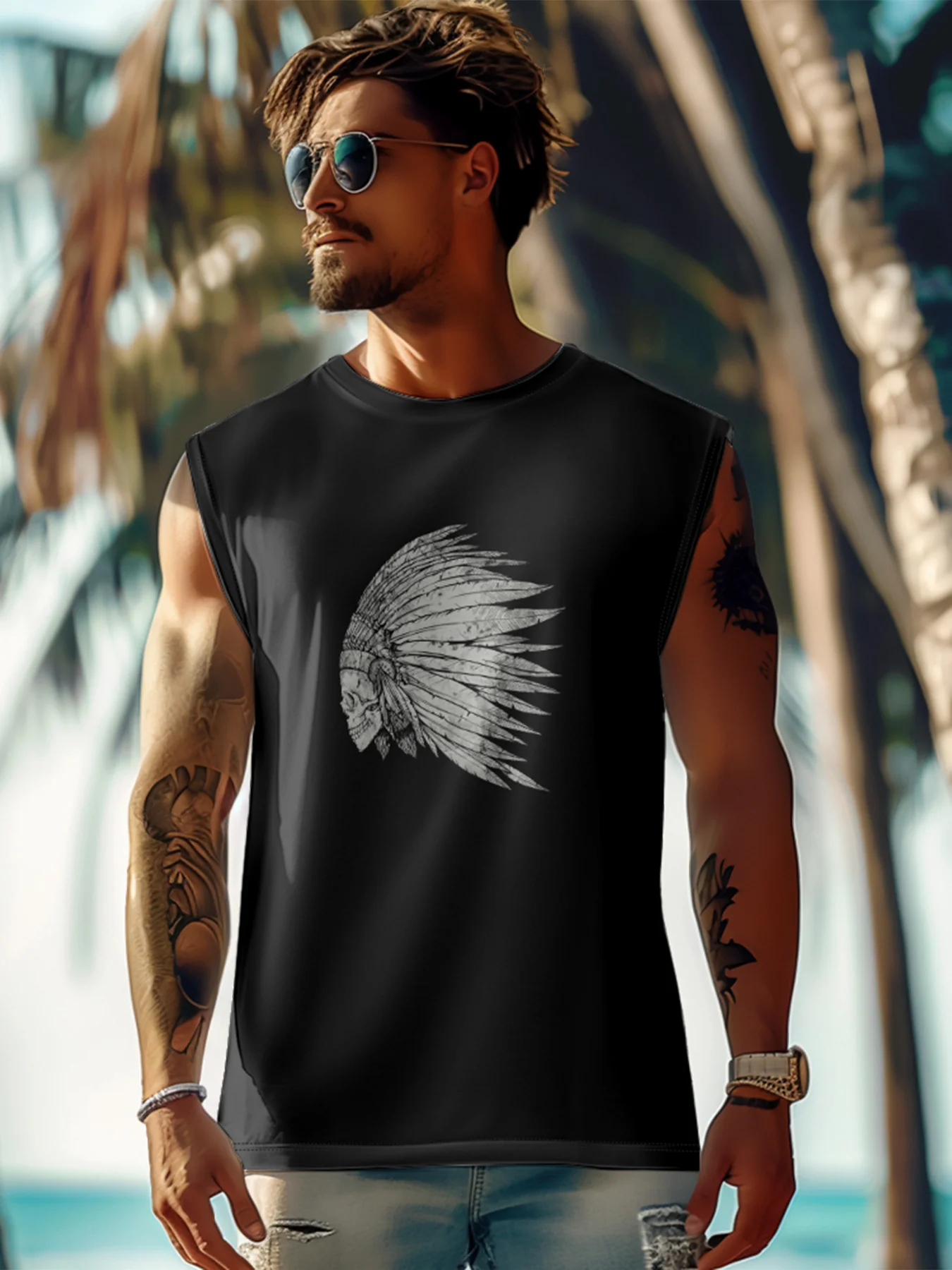 Hardaddy X Mikekoubou Mens Crewneck Tank Tops Indian Ethnic Beach Sleeveless Shirt