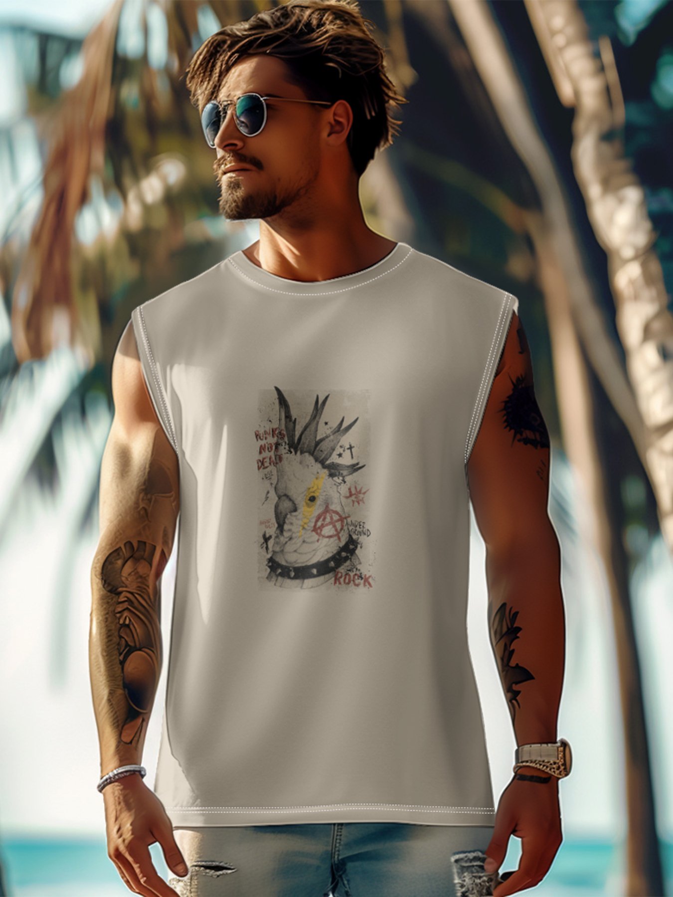 Hardaddy X Mikekoubou Mens Crewneck Tank Tops Parrots Beach Sleeveless Shirt