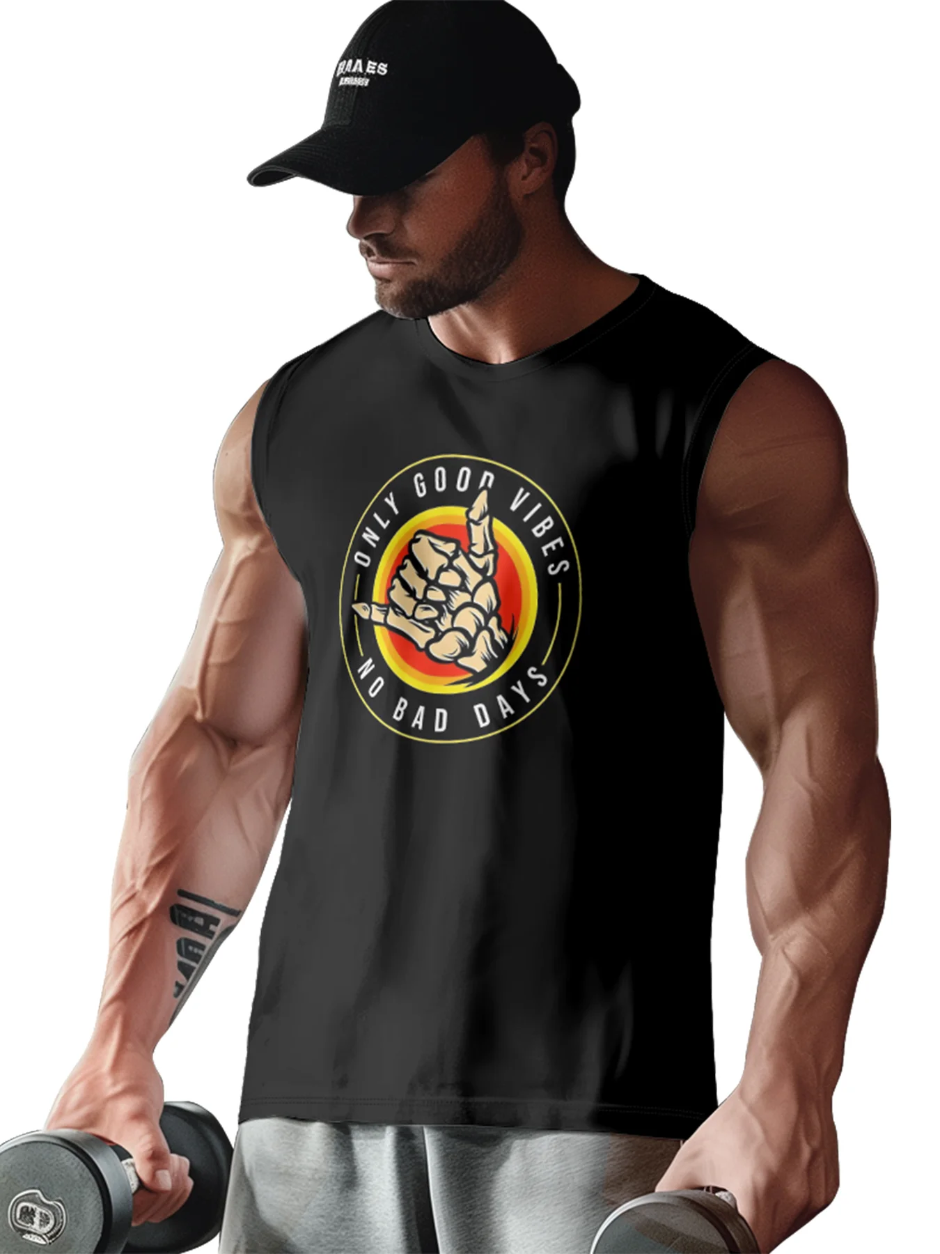 Mens Crewneck Tank Tops Good Vibes Rock Skull Beach Sleeveless Shirt