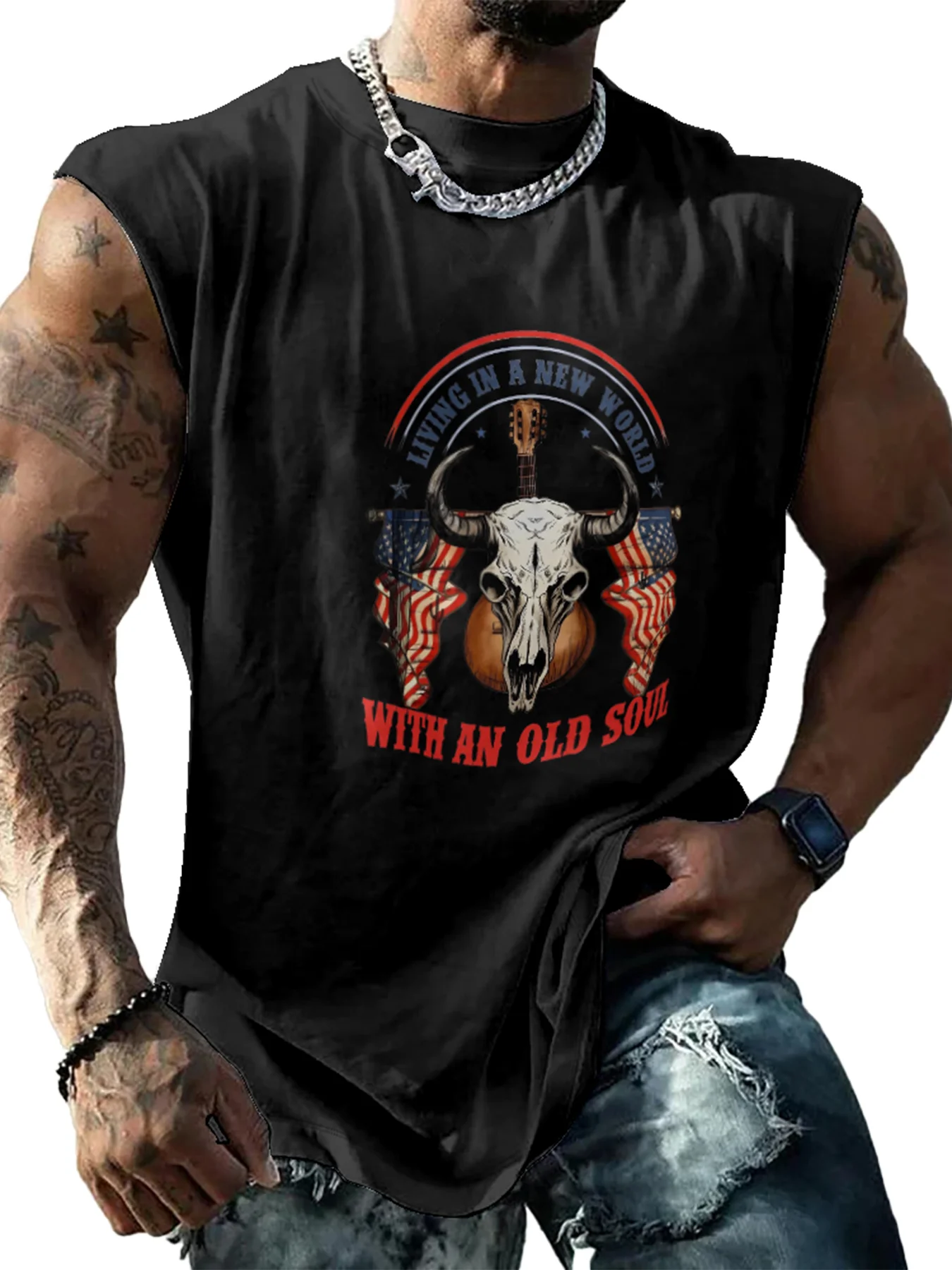 Mens Crewneck Tank Tops Western Rodeo Beach Sleeveless Shirt