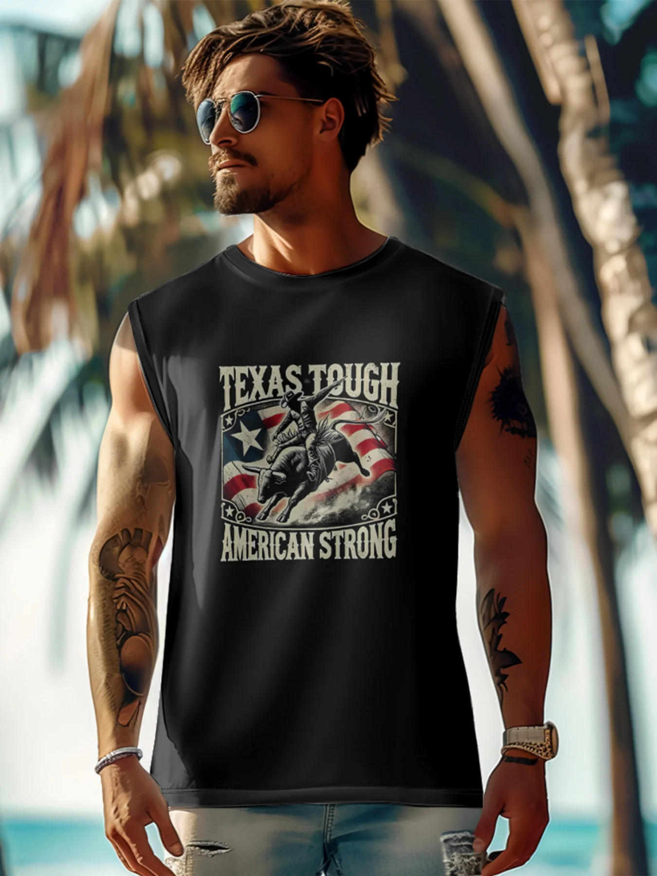 Mens Crewneck Tank Tops American Flag Western Rodeo Beach Sleeveless Shirt