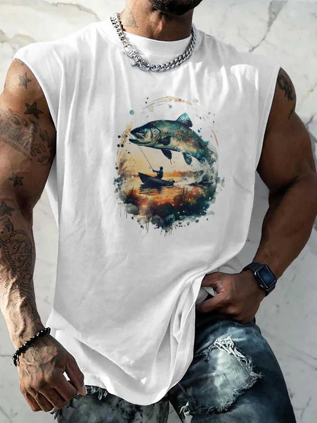 Mens Crewneck Tank Tops Fishing Beach Sleeveless Shirt