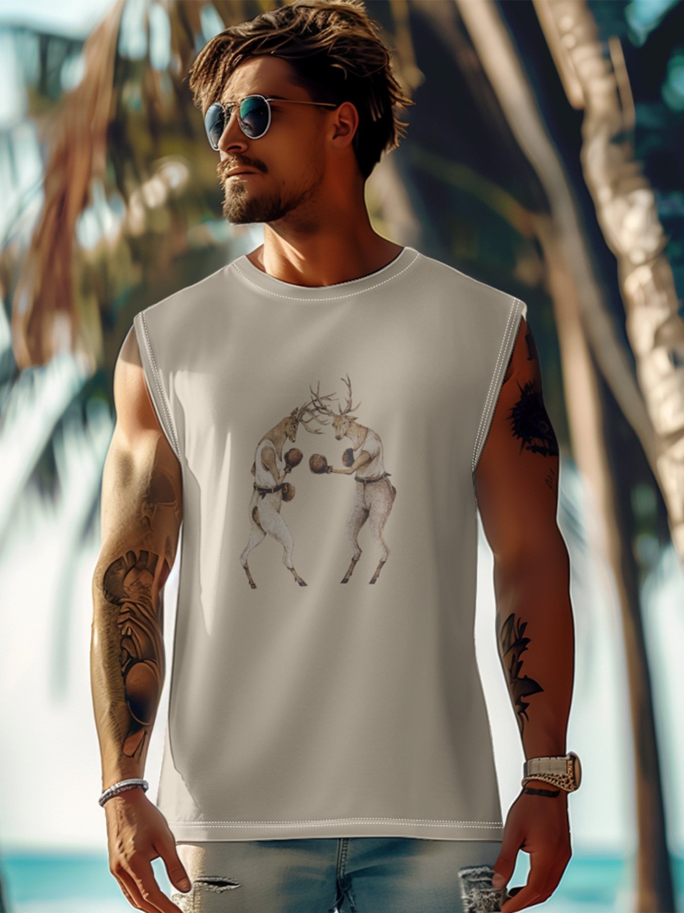 Hardaddy X Mikekoubou Mens Crewneck Tank Tops Reindeer Boxing Beach Sleeveless Shirt