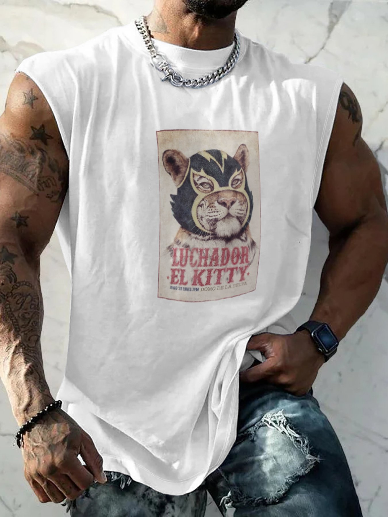 Hardaddy X Mikekoubou Mens Crewneck Tank Tops Mexican Lucha Libre Kitty Beach Sleeveless Shirt