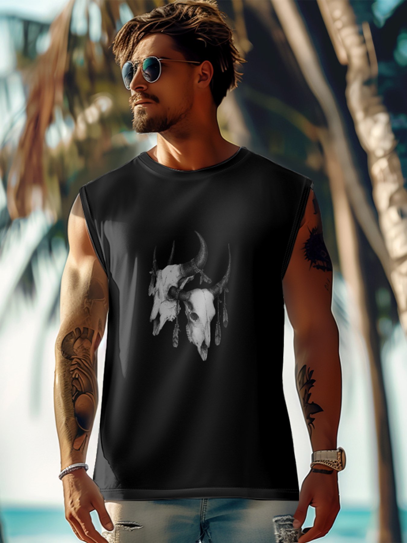 Hardaddy X Mikekoubou Mens Crewneck Tank Tops Western Lamb Bones Beach Sleeveless Shirt