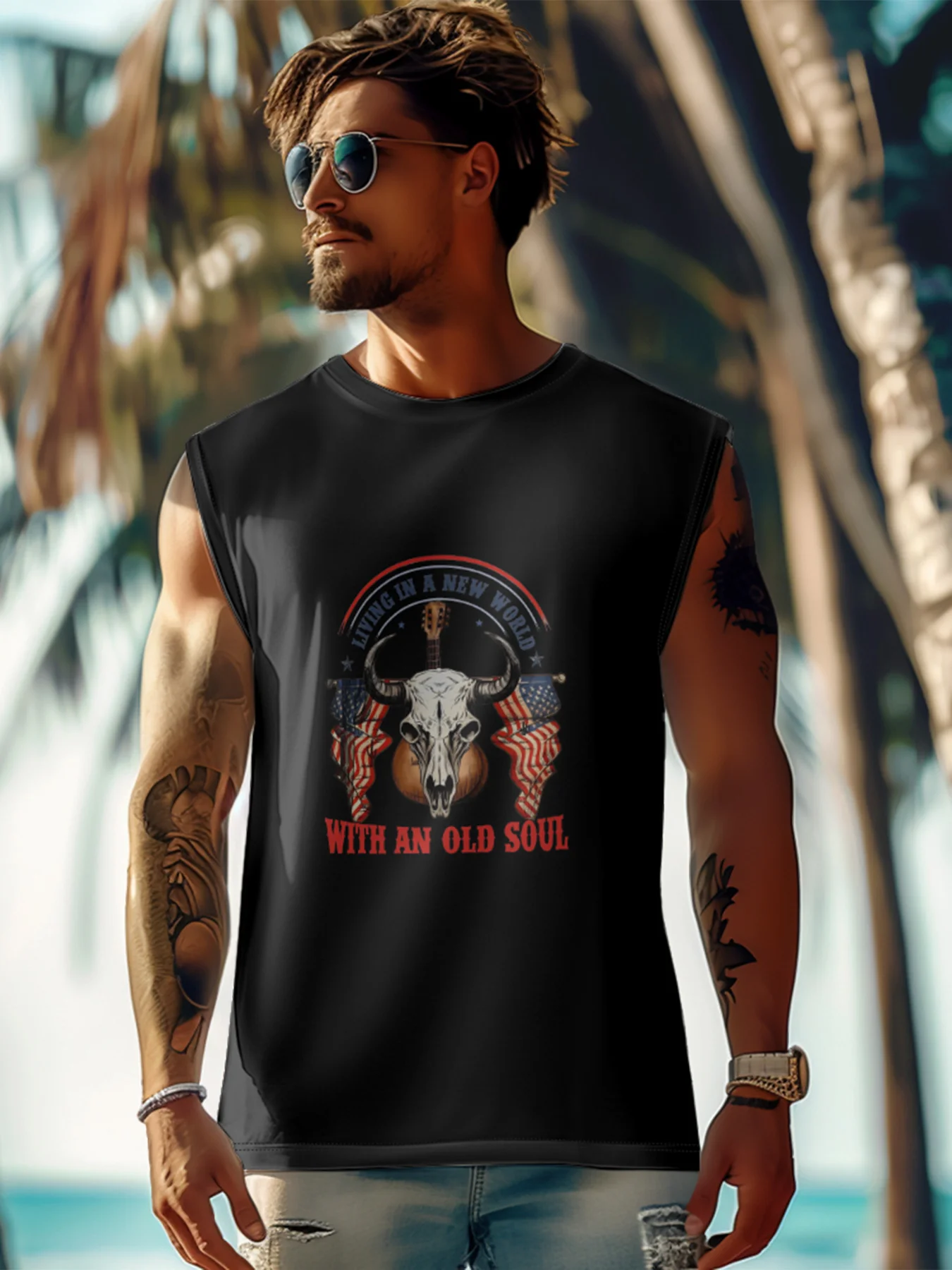 Mens Crewneck Tank Tops Western Rodeo Beach Sleeveless Shirt