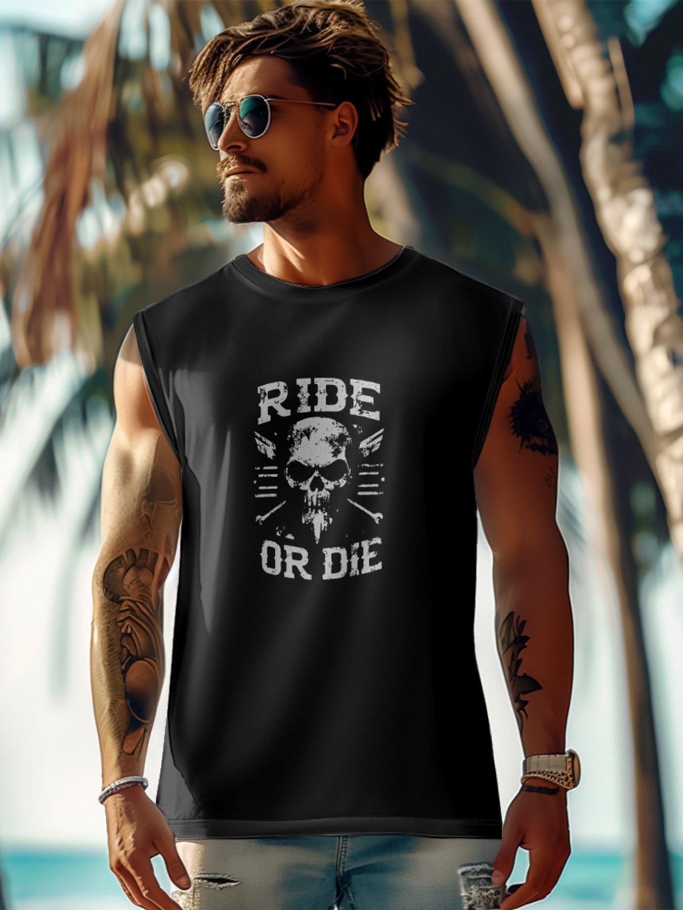 Mens Crewneck Tank Tops Ride or Die Beach Sleeveless Shirt