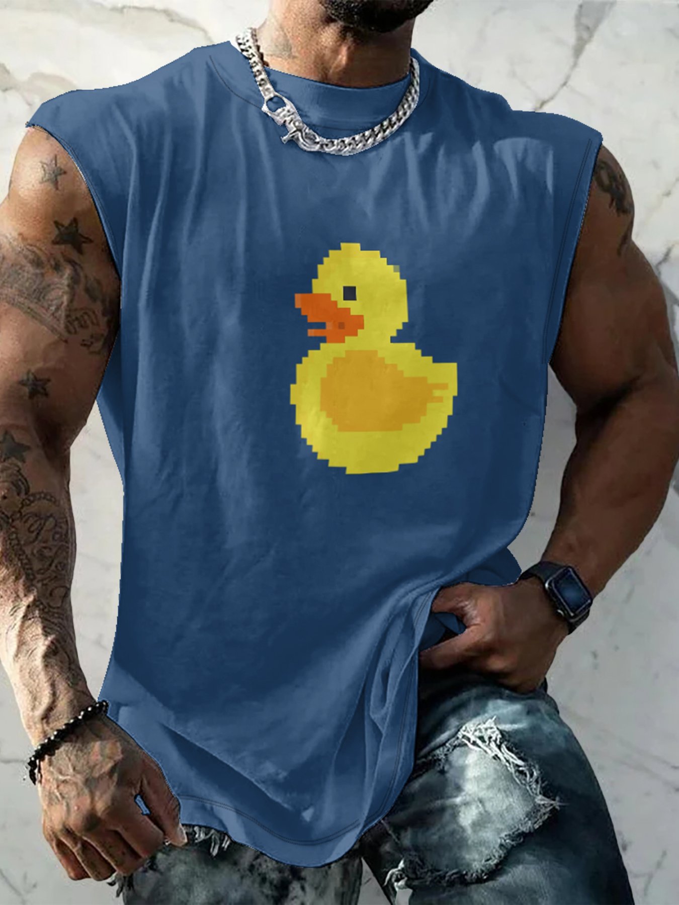 Hardaddy X Valentina Bjekovic Mens Crewneck Tank Tops Yellow Duck Beach Sleeveless Shirt