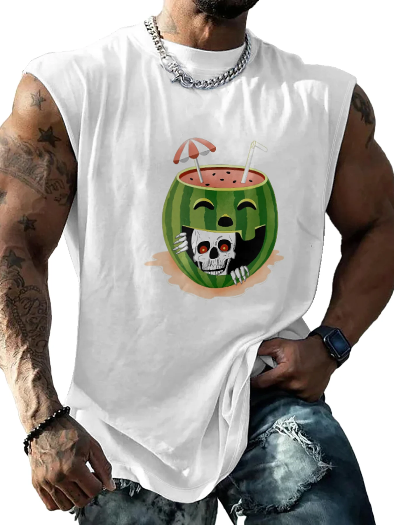 Hardaddy X Kimprut Imut Mens Crewneck Tank Tops Halloween Watermelon Cocktail Beach Sleeveless Shirt