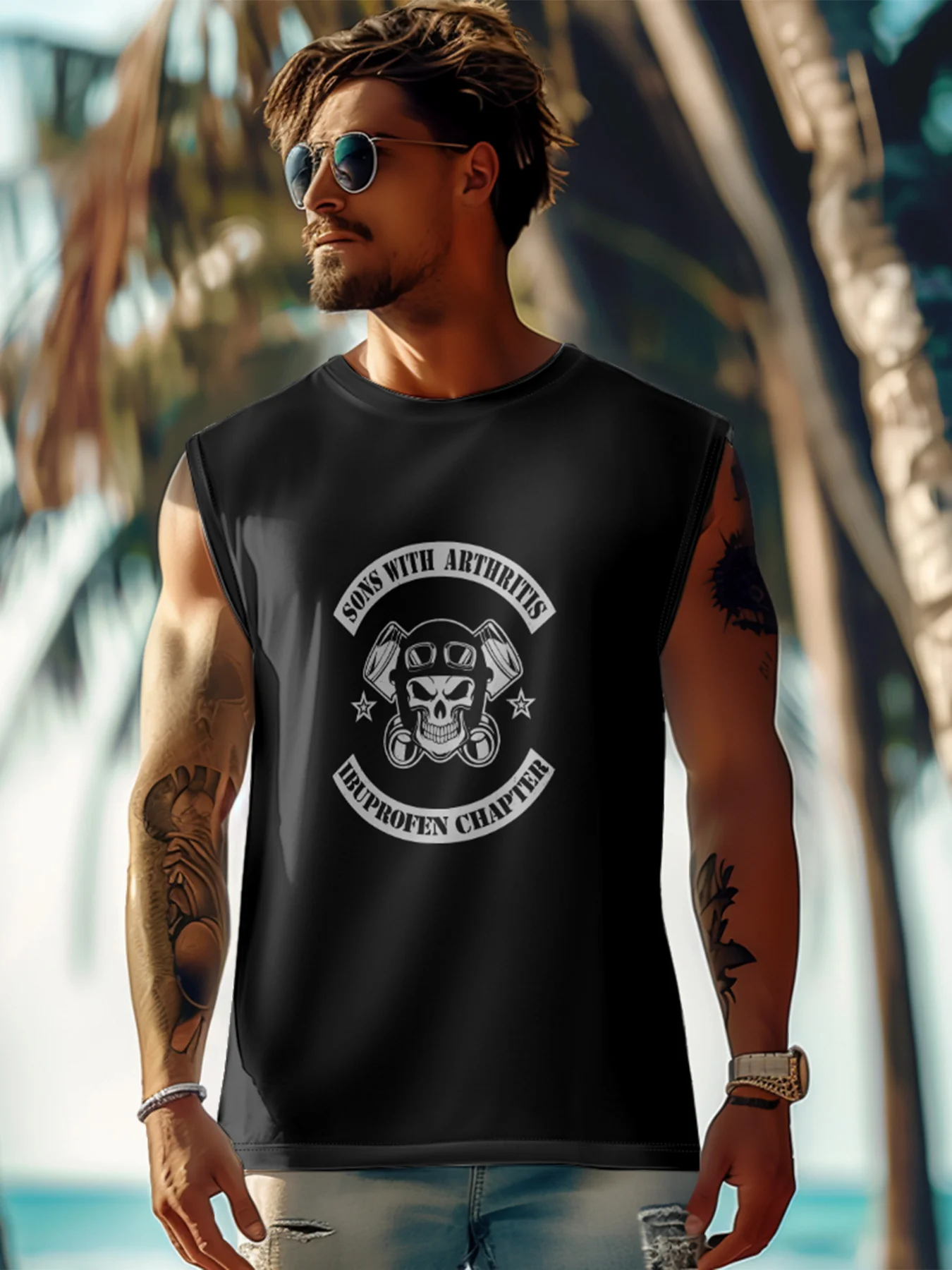 Mens Crewneck Tank Tops Motorcycle Skull Beach Sleeveless Shirt
