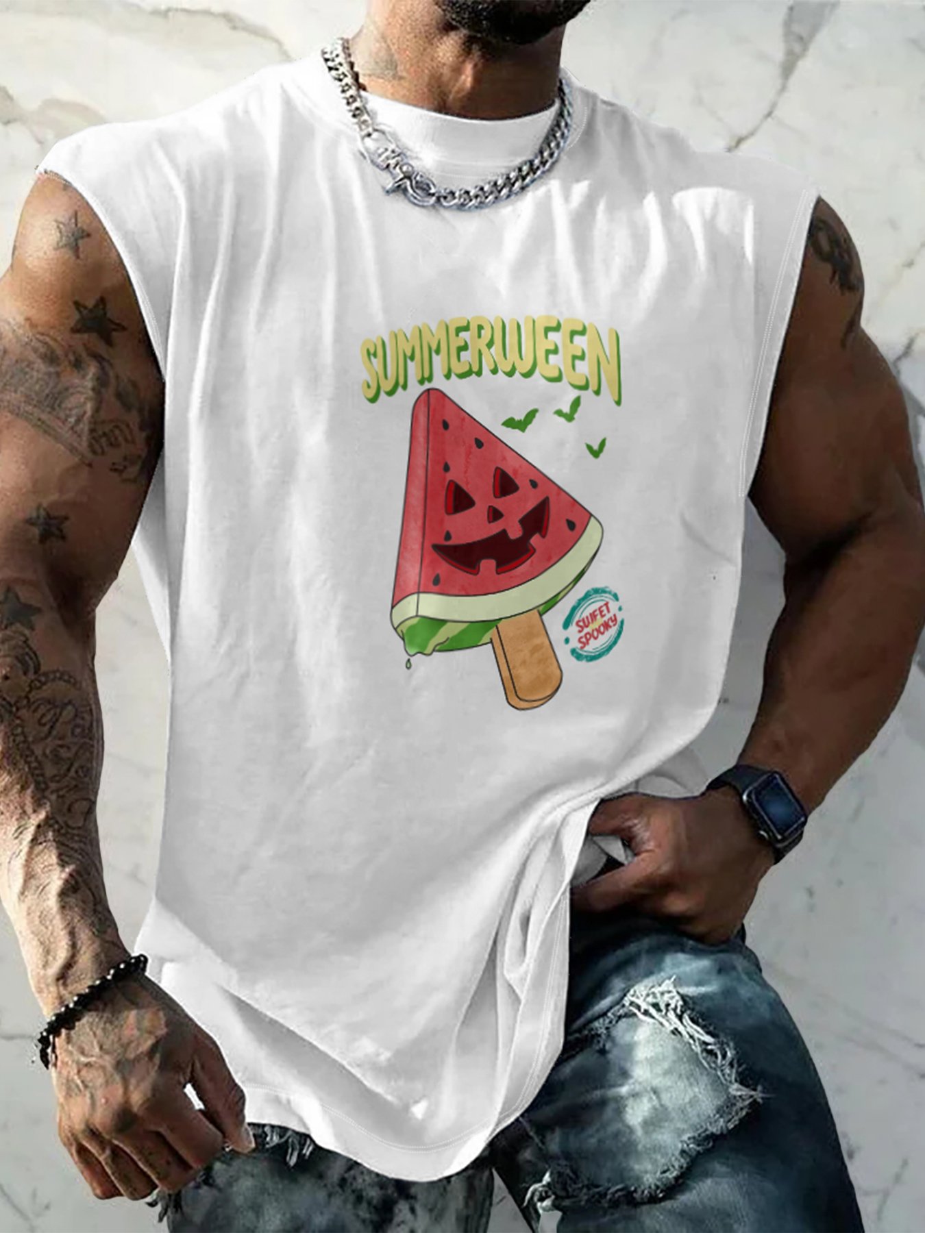 Hardaddy X Kimprut Imut Mens Crewneck Tank Tops Halloween Watermelon Beach Sleeveless Shirt