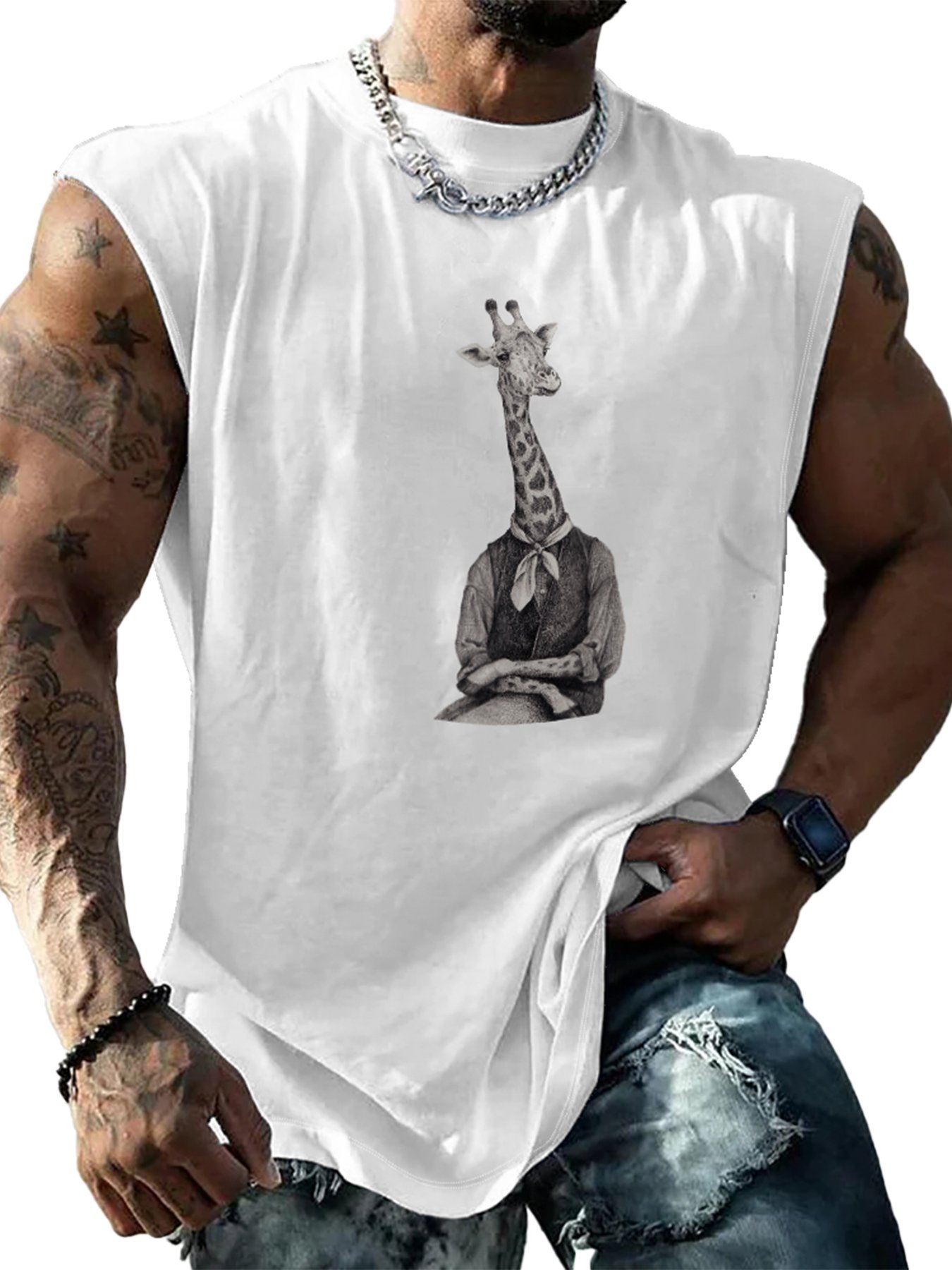 Hardaddy X Mikekoubou Mens Crewneck Tank Tops Giraffe Beach Sleeveless Shirt