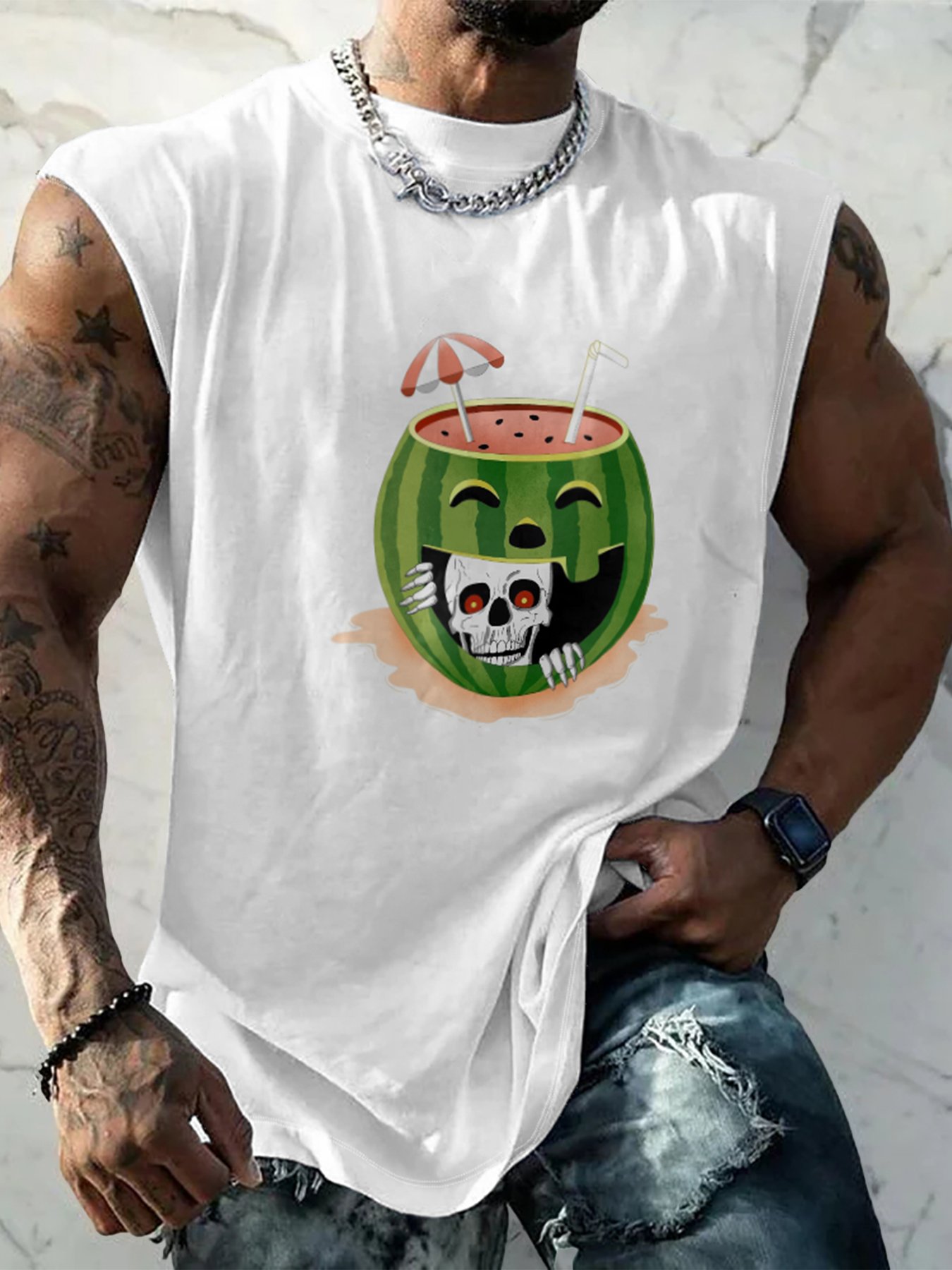 Hardaddy X Kimprut Imut Mens Crewneck Tank Tops Halloween Watermelon Cocktail Beach Sleeveless Shirt