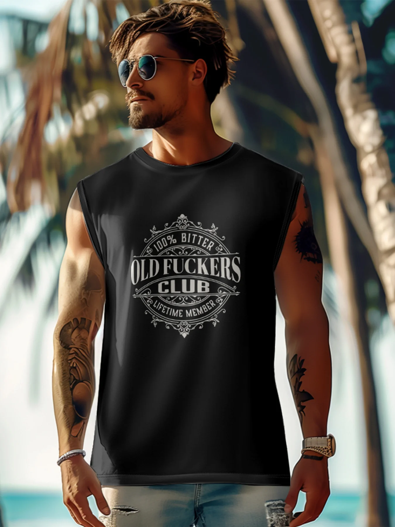 Mens Crewneck Tank Tops Old Man Beach Sleeveless Shirt