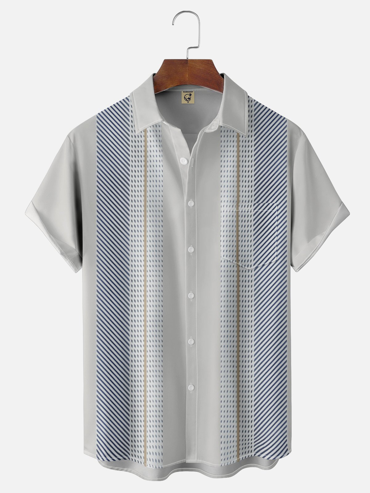 Mens Striped Print Round Hem Loose Short Sleeve Shirt