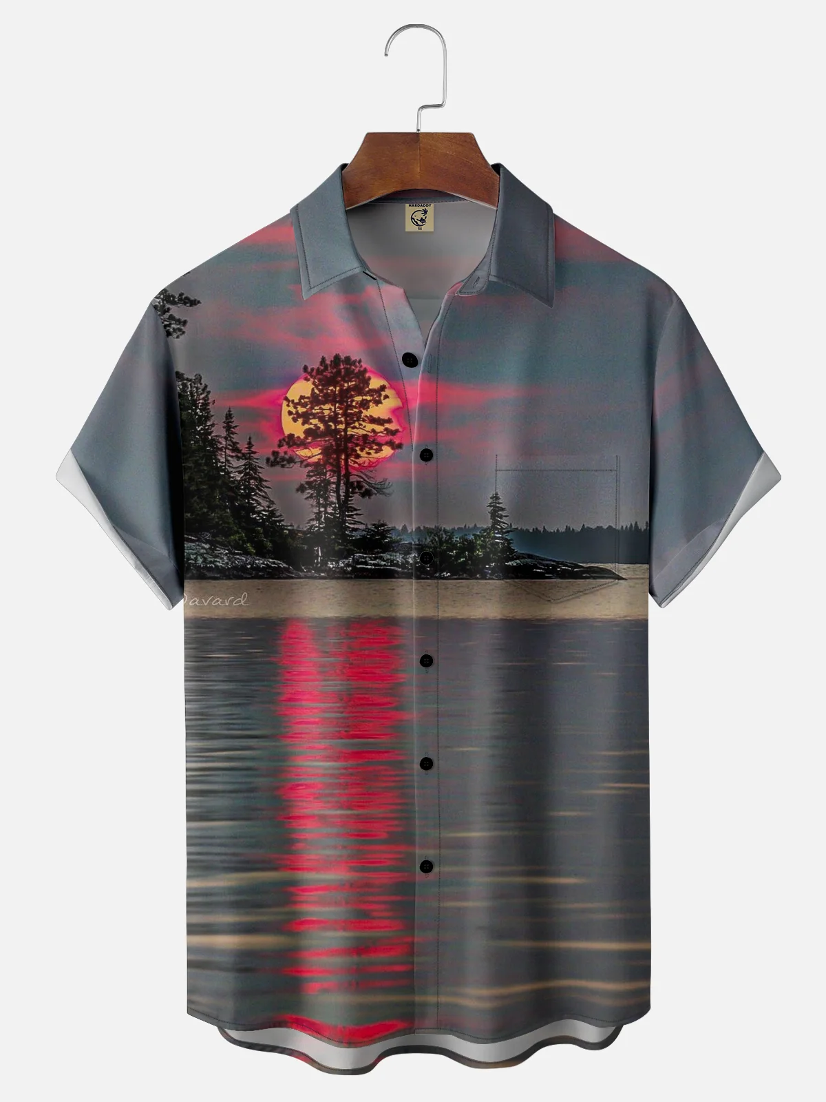 Vacation Style Hawaiian Series Sunset Gradient Sky Scenery Element Pattern Lapel Short-Sleeved Shirt Print Top