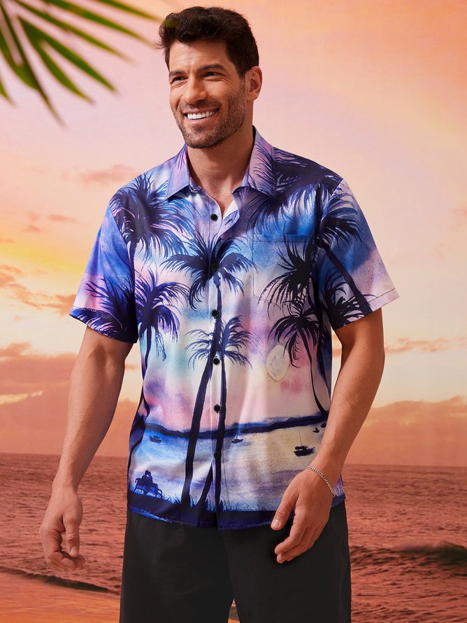 Mens Coconut Tree Sunset Print Casual Breathable Chest Pocket Short Sleeve Hawaiian Shirt