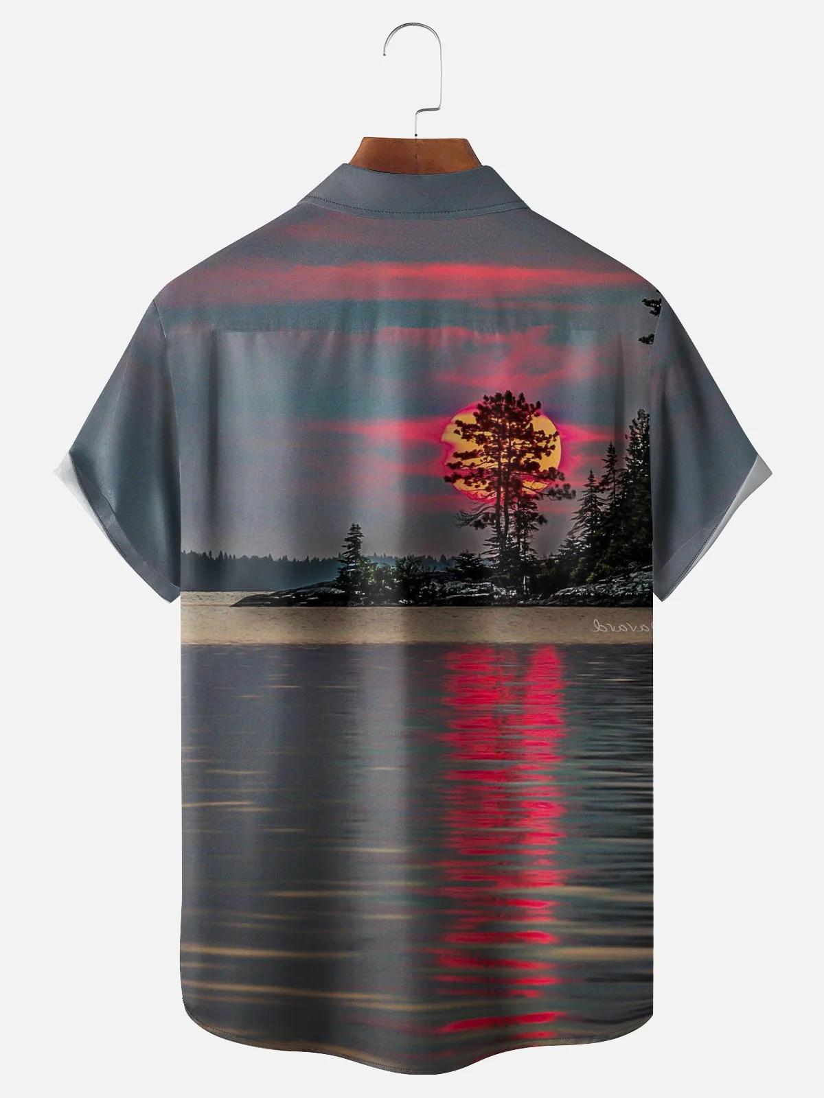 Vacation Style Hawaiian Series Sunset Gradient Sky Scenery Element Pattern Lapel Short-Sleeved Shirt Print Top