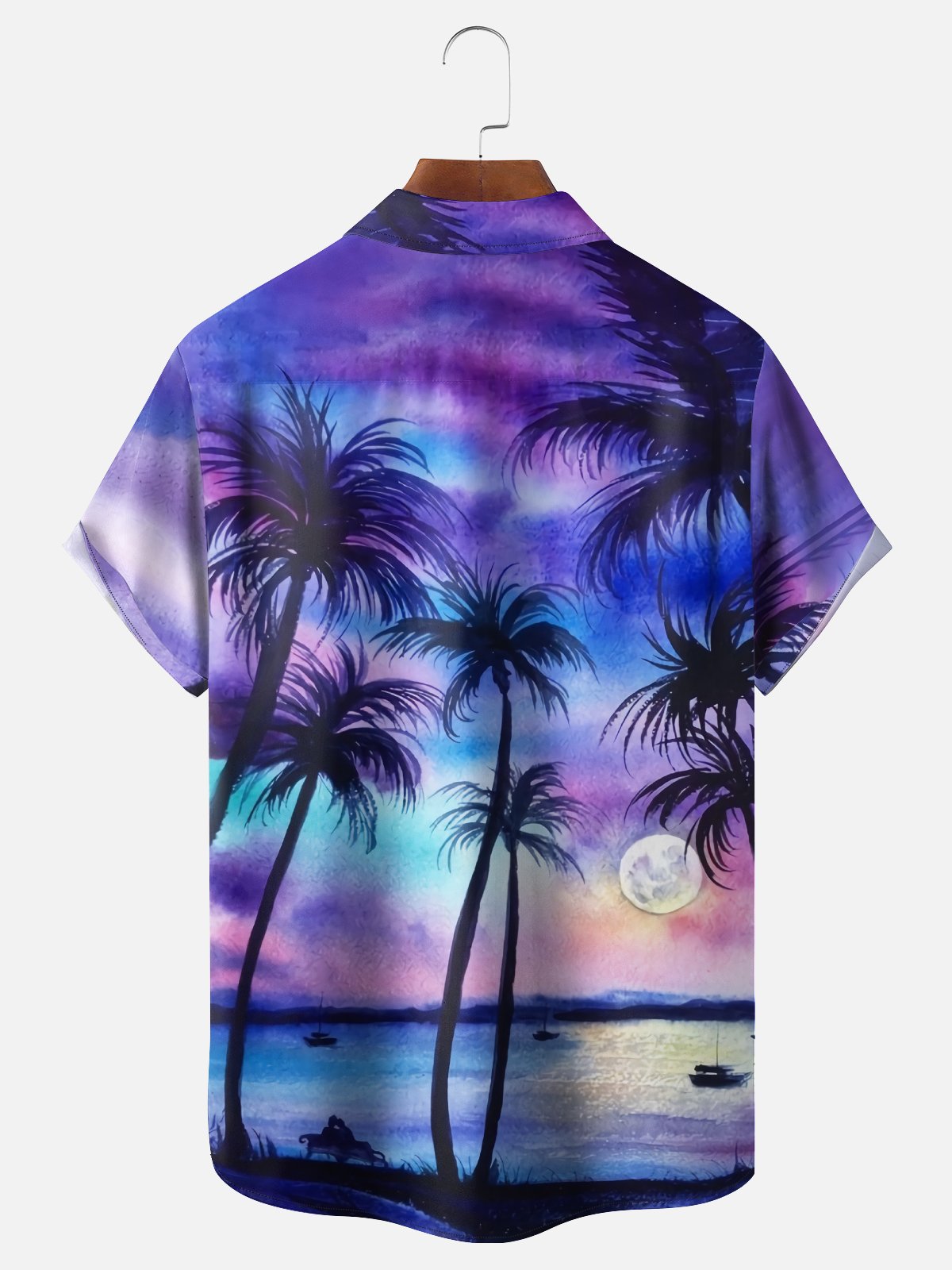 Mens Coconut Tree Sunset Print Casual Breathable Chest Pocket Short Sleeve Hawaiian Shirt