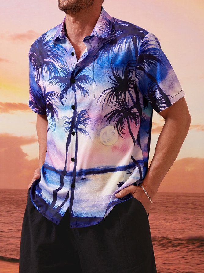Mens Coconut Tree Sunset Print Casual Breathable Chest Pocket Short Sleeve Hawaiian Shirt