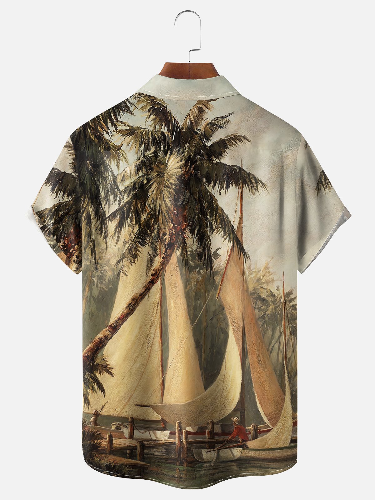 Hardaddy Mens Hawaiian Leaves Print Lapel Loose Chest Pockets Short Sleeve Funky Aloha Shirt