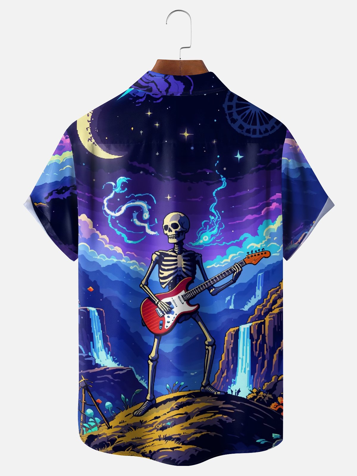 Moisture-wicking Cool Music Punk Skeleton Guitarist Chest Pocket Casual Shirt