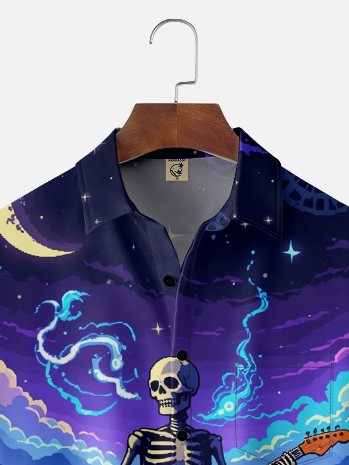 Moisture-wicking Cool Music Punk Skeleton Guitarist Chest Pocket Casual Shirt