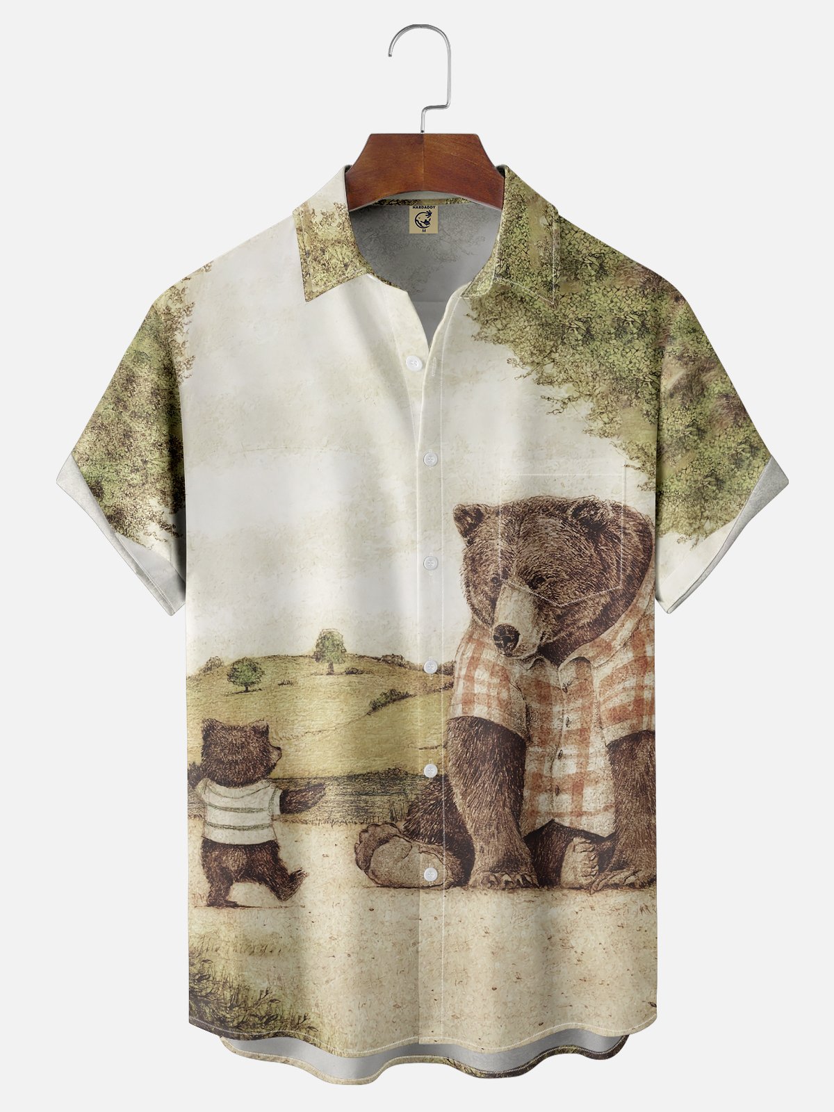 Hardaddy x Mikekoubou Moisture-wicking Funny Brown Bear Family Chest Pocket Hawaiian Shirt