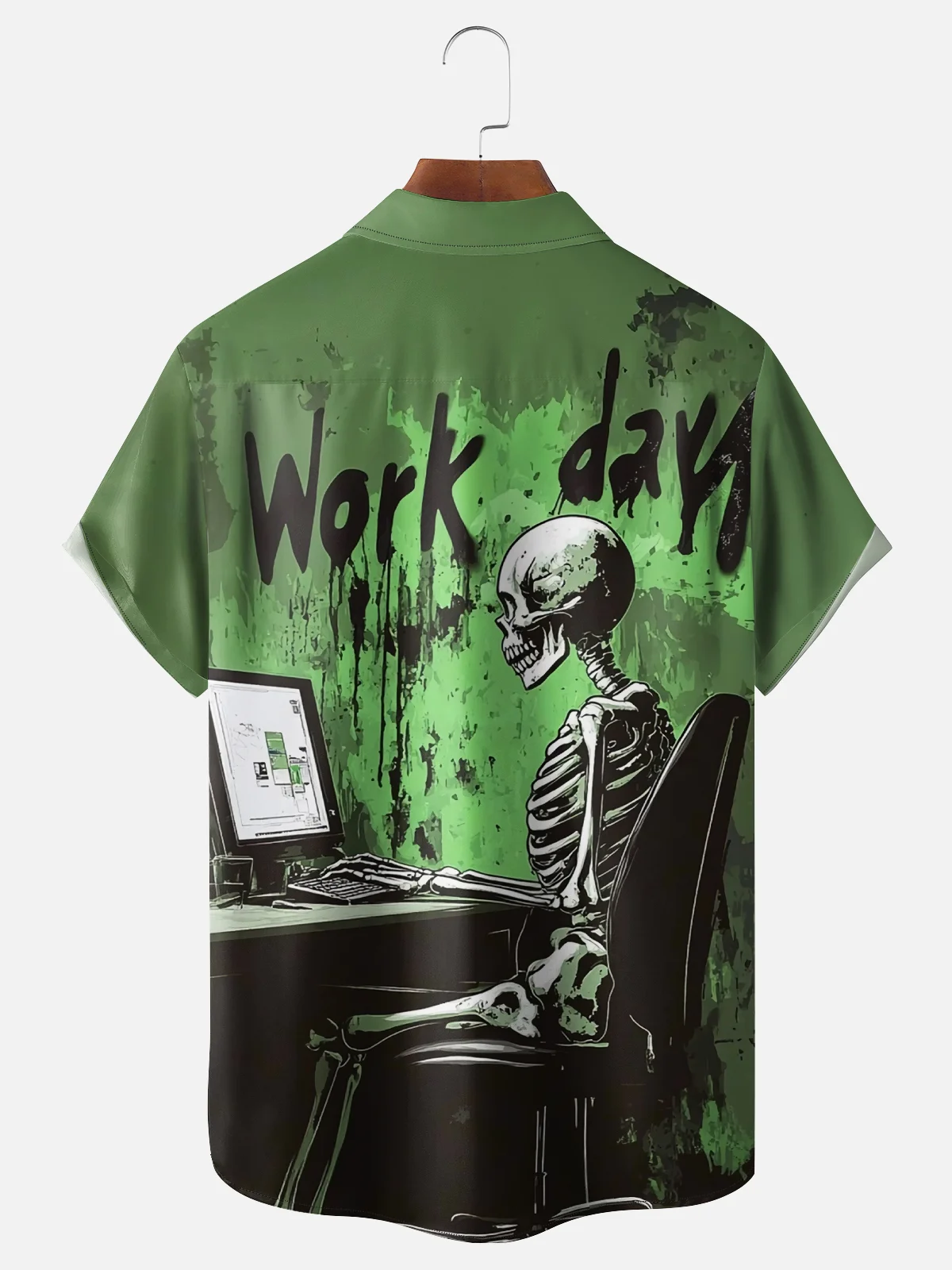 Moisture-wicking Funny Skull "Love Work Day" Chest Pocket Casual Shirt