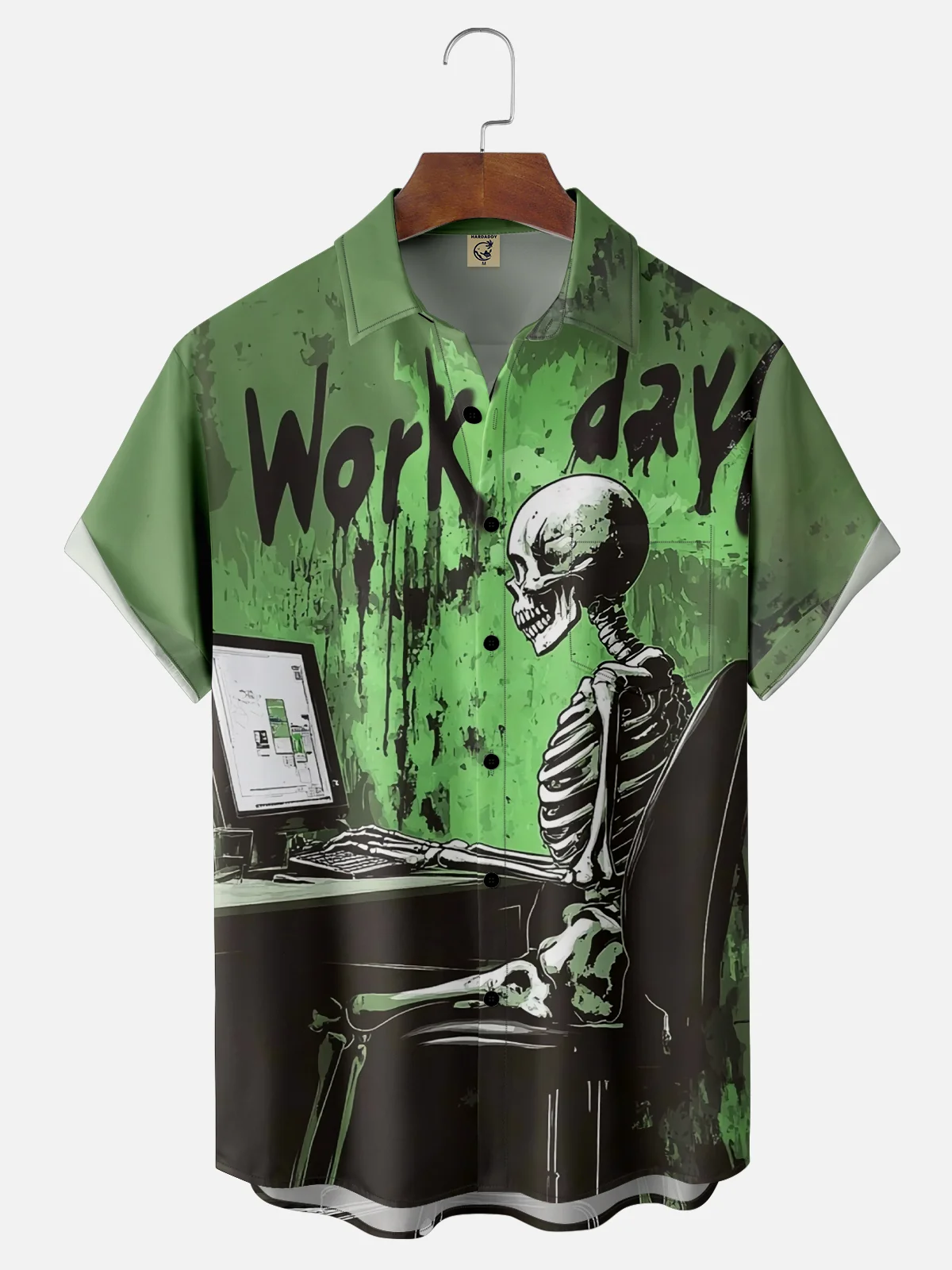 Moisture-wicking Funny Skull "Love Work Day" Chest Pocket Casual Shirt