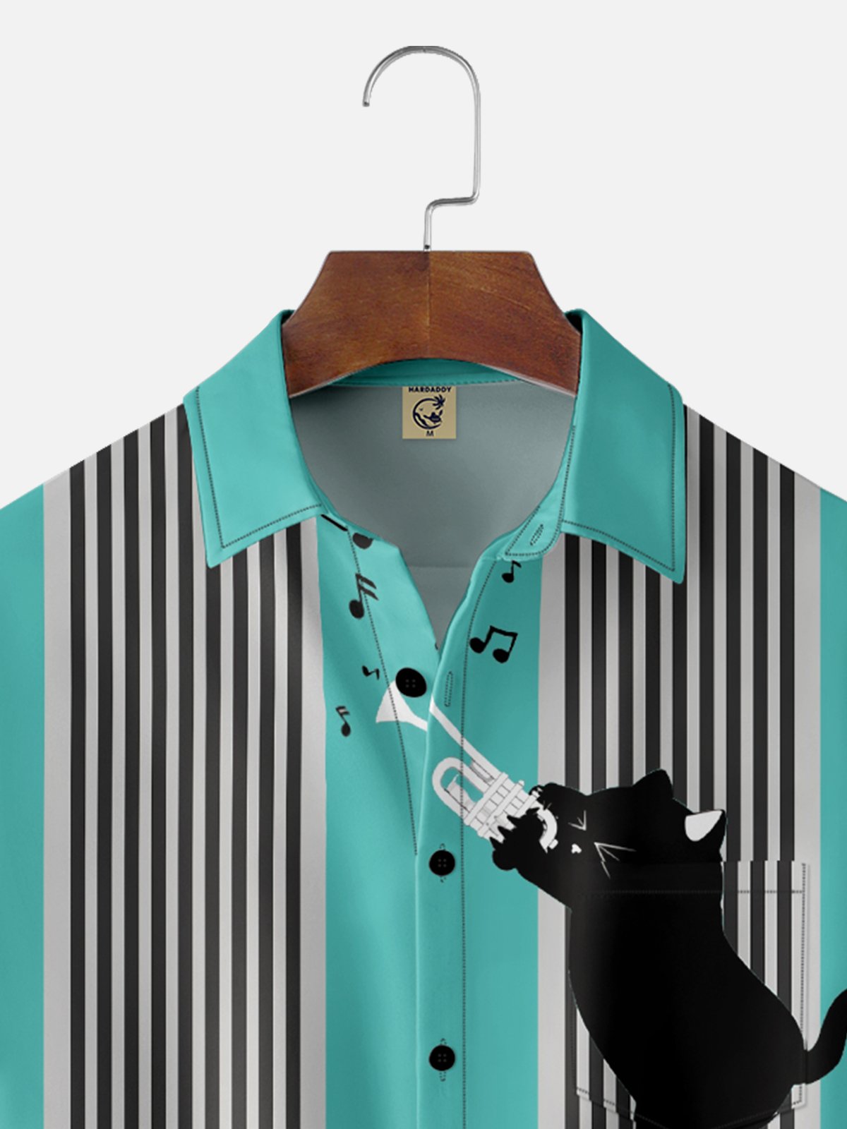 Moisture Wicking Music Black Cat Chest Pocket Bowling Shirt