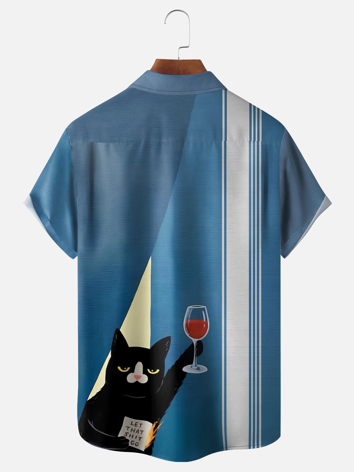Moisture Wicking Wine Glass Black Cat Chest Pocket Hawaiian Shirt