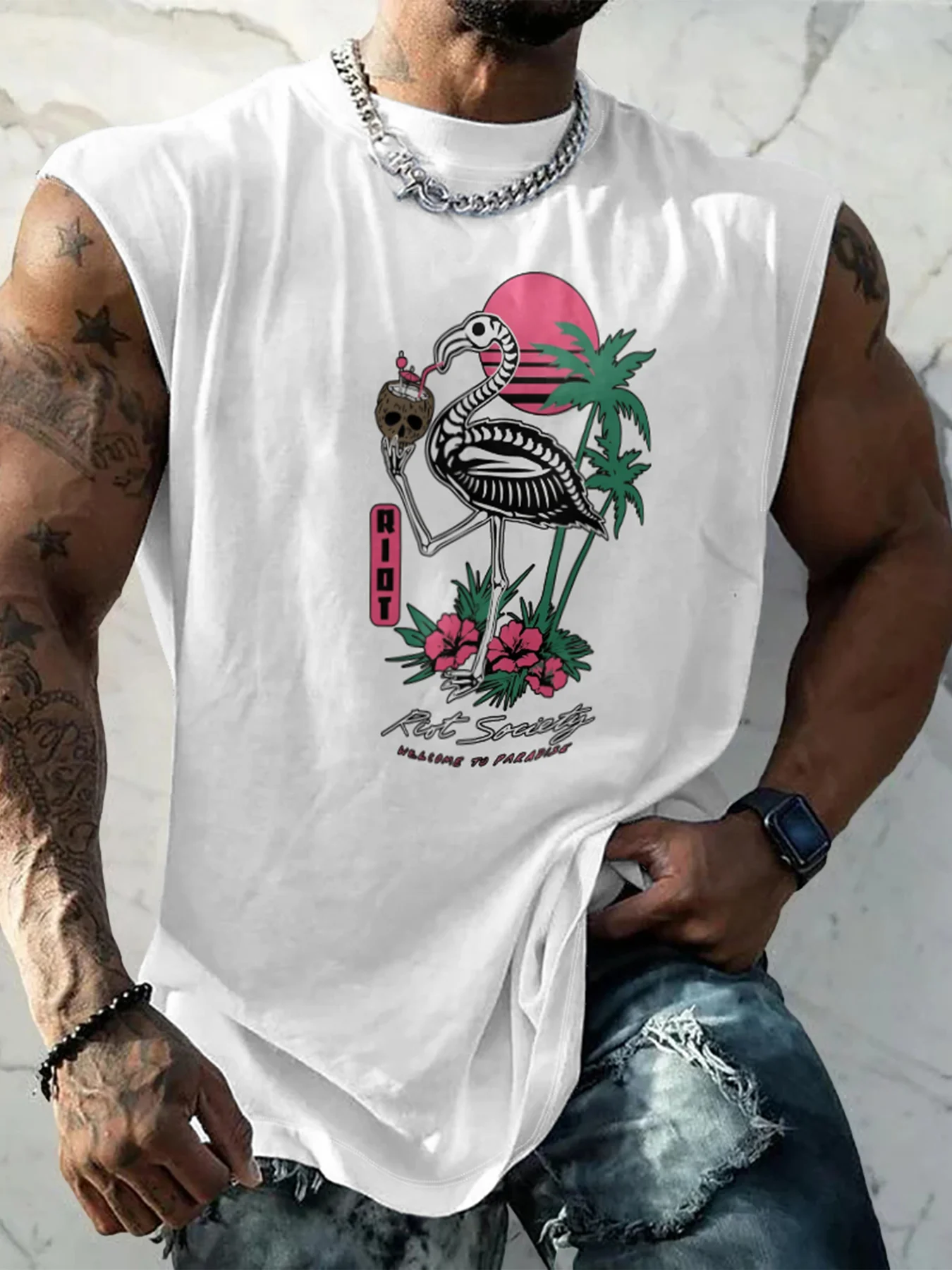 Mens Crewneck Tank Tops Flamingo Beach Sleeveless Shirt
